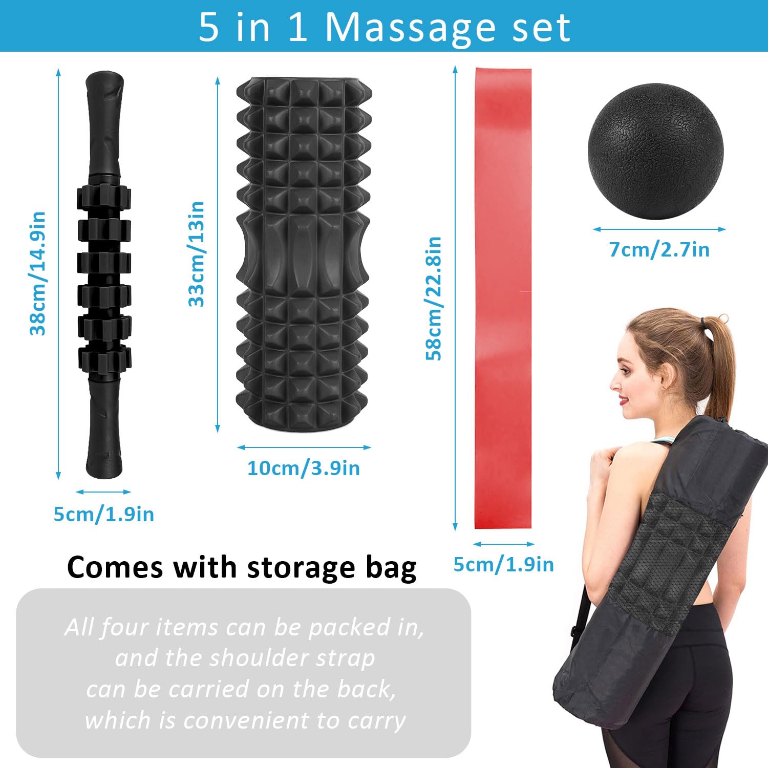 Premium 5-in-1 Foam Roller Set - High Density Muscle Massage Roller with Yoga Roller Stick, Massage Ball & Resistance Bands for Deep Tissue Pain Relief - Perfect for Back, Legs & Full Body Recovery - Ideal for Yoga, Gym Workouts & Post-Exercise Recovery (Black)