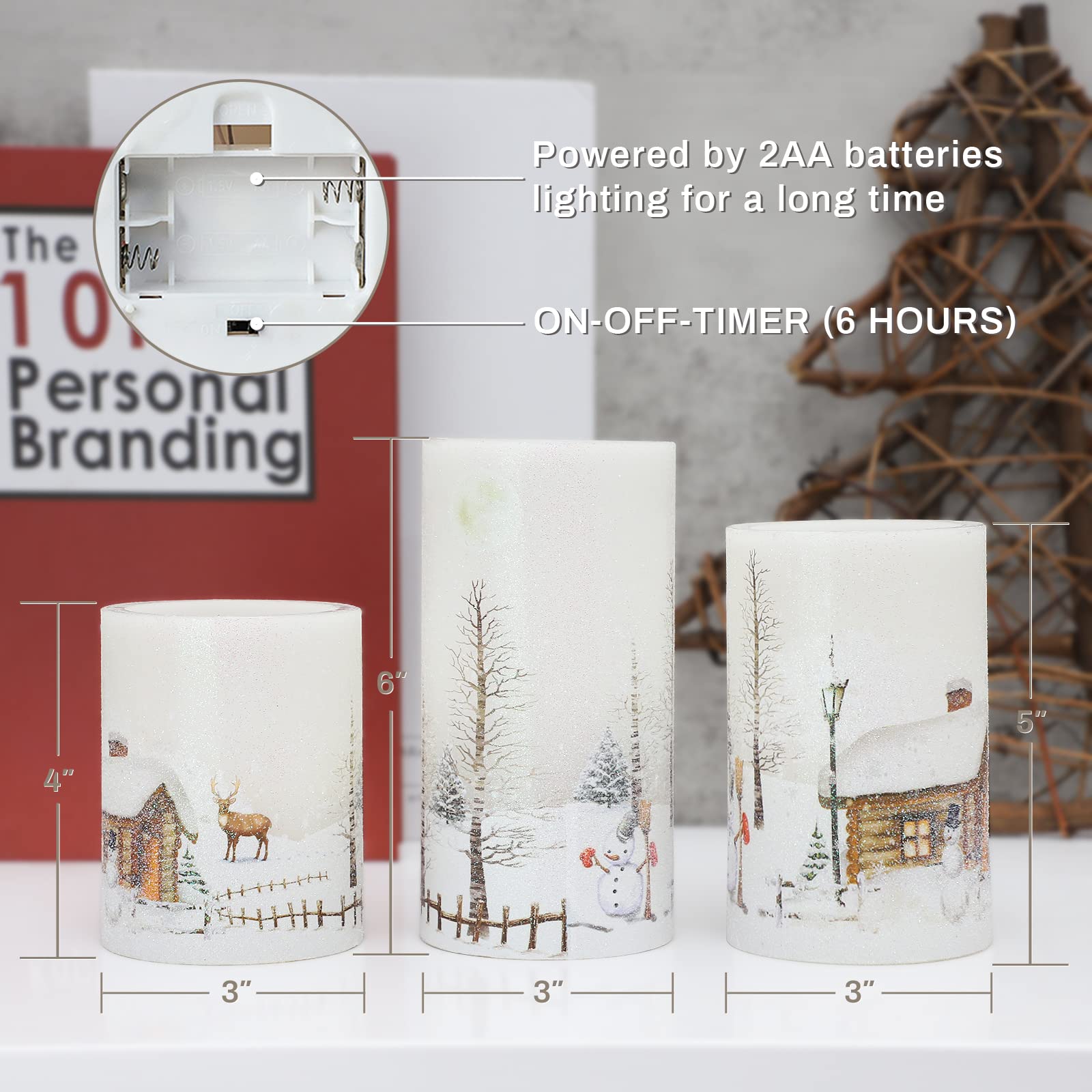Flameless LED Candles with Remote & Timer - Real Wax Battery Operated Holiday Decor Lights for Christmas, Snowman Snow Scene - Perfect for Table Centerpiece, Room Decor, and Festive Gift Giving