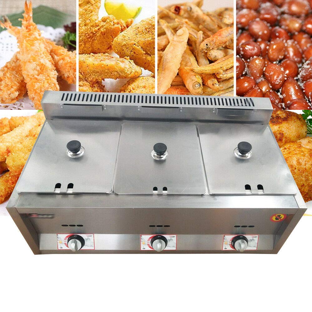 Commercial 3-Basket Gas Deep Fryer with Stainless Steel Countertop Design - Food Warmer & Heater for Restaurants, Home Kitchens & Catering - Perfect for Frying Chicken, Fish, Fries & More