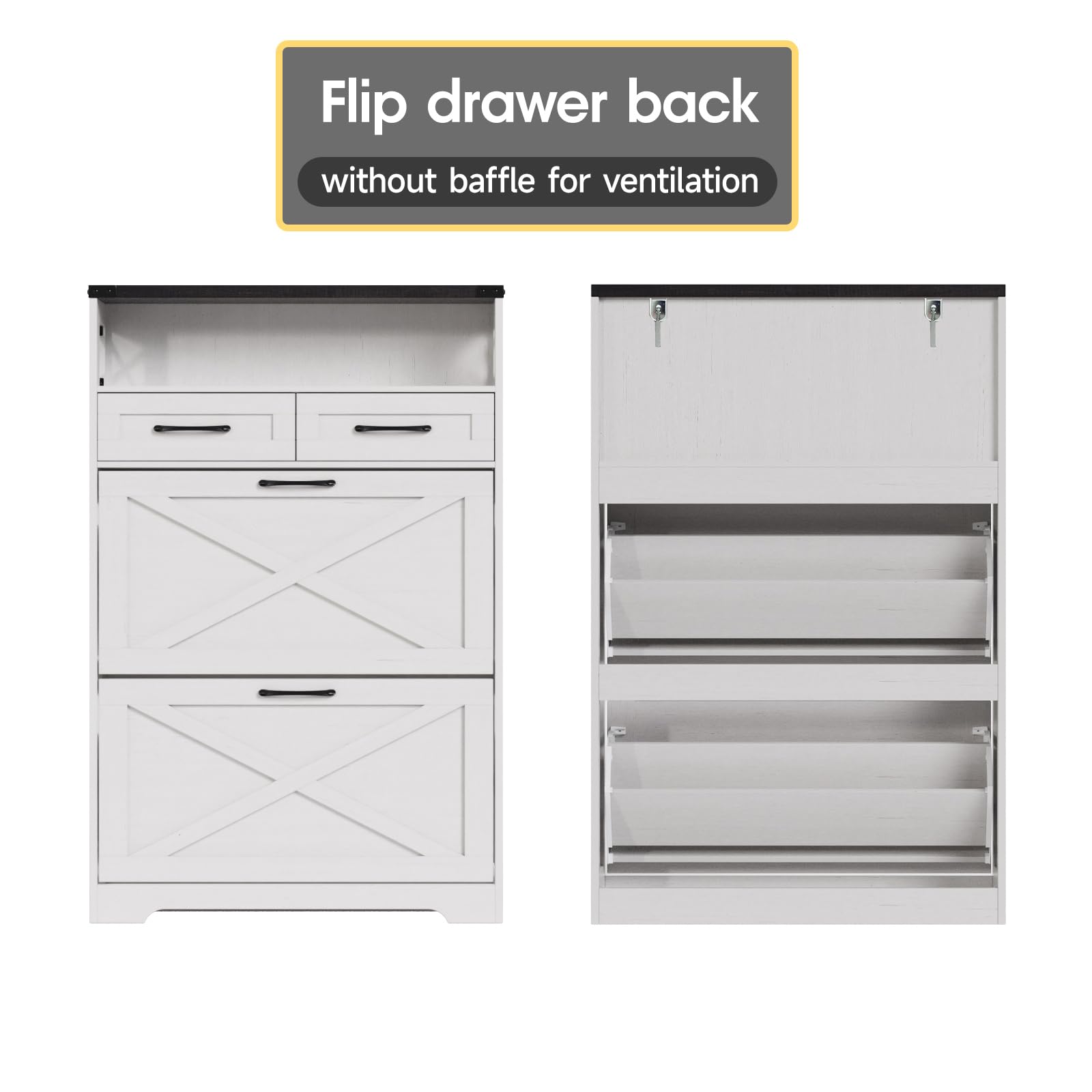 Maupvit Farmhouse Shoe Storage Cabinet - 2 Flip Drawers & 2 Drawers with Doors and Shelves - Entryway Shoe Organizer for Front Door - Narrow Shoe Rack for Small Spaces - Perfect for Hallway, Closet or Mudroom Organization - White