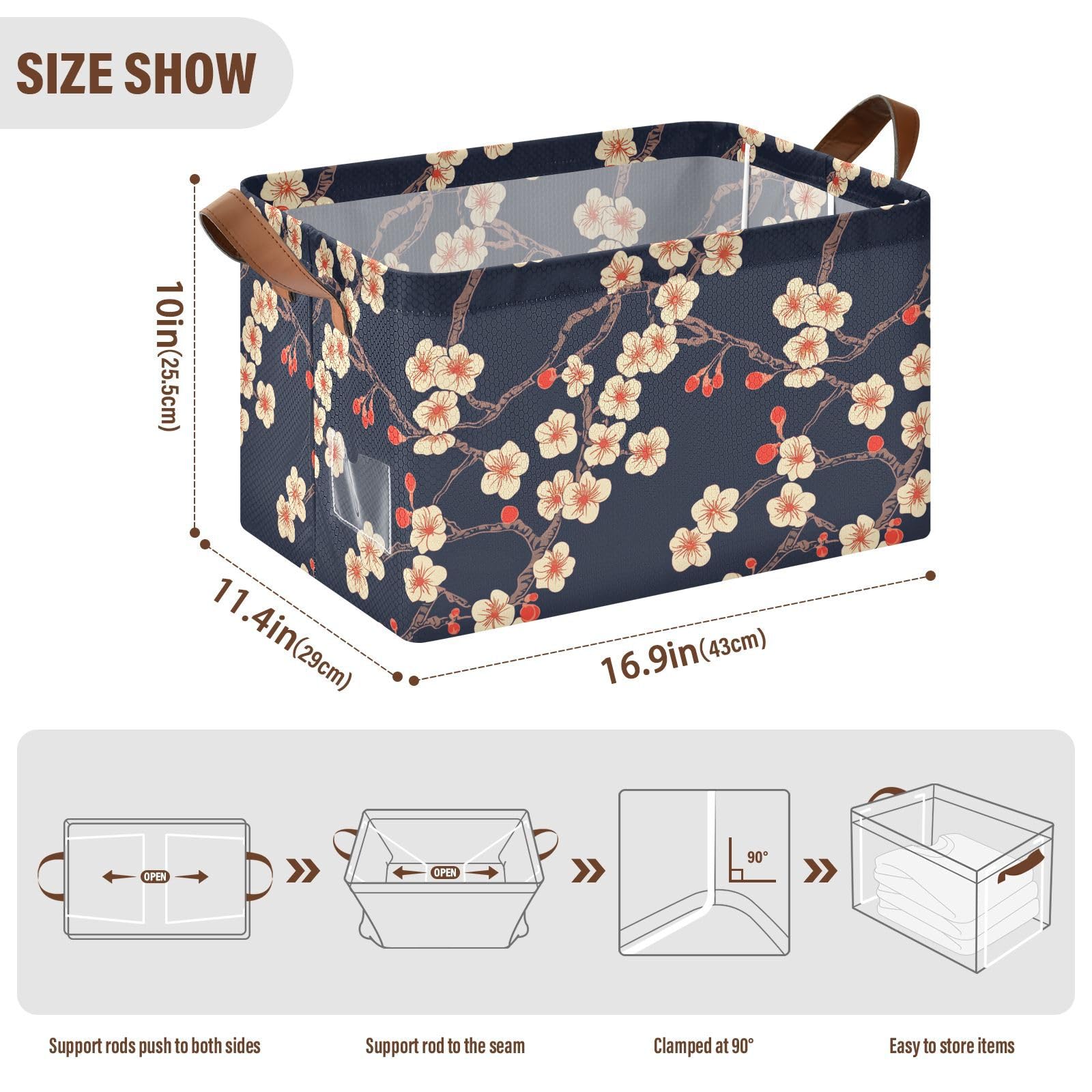 Japanese Cherry Blossom Decorative Storage Baskets - Rectangle Woven Organizer Bin with Handles for Books, Shelves, Closet & Home Organization - Perfect for Bedroom, Nursery & Office Storage Solutions