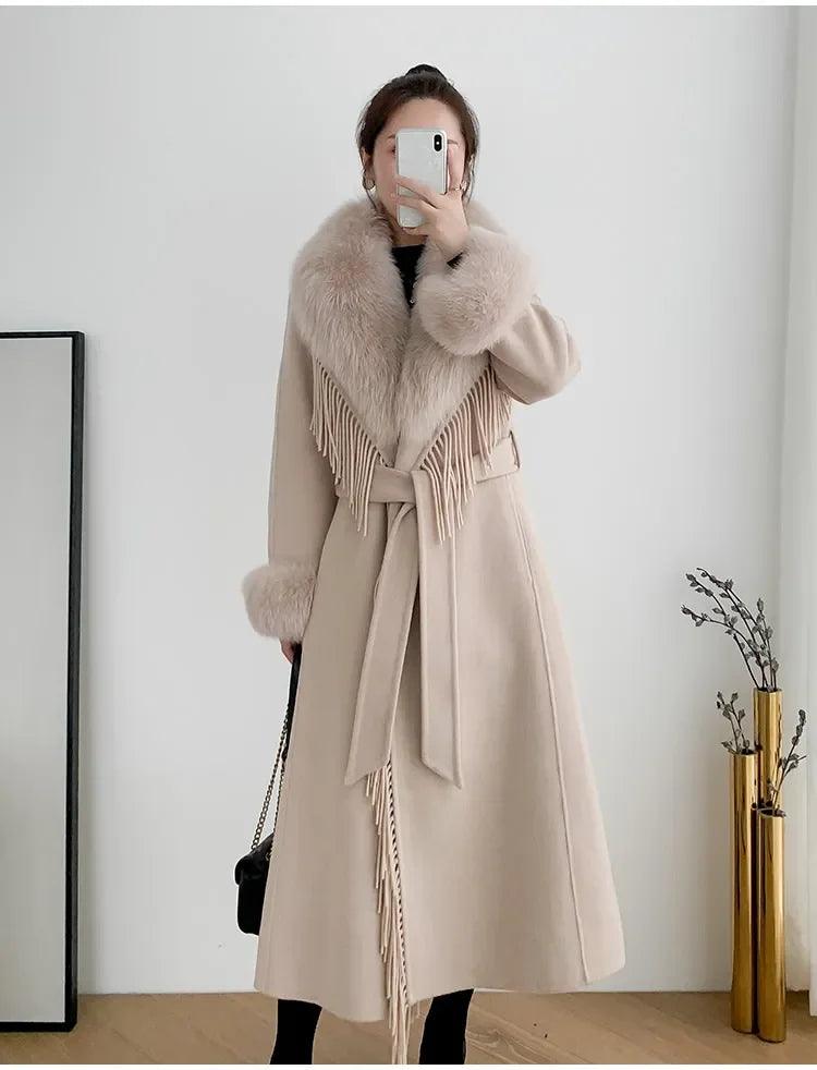 Luxury Women's Real Fur Winter Coat - Cashmere Wool Blend Jacket with Fox Fur Collar, Long Tassel Design, Warm Streetwear Outerwear for Winter Fashion, Parties & Cold Weather Protection