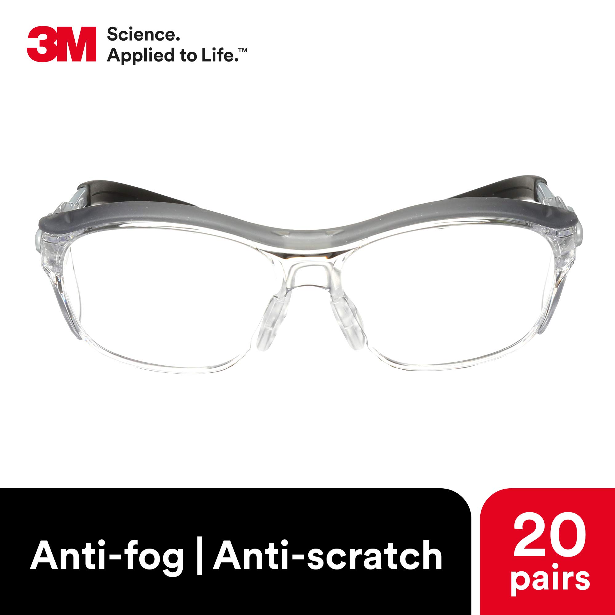 3M Nuvo Safety Glasses - 20 Pack, ANSI Z87.1 Certified, Anti-Fog Clear Lens, Retro Gray Frame with Soft Nose Bridge & Side Shields - Perfect for Construction, Woodworking, Lab Work, and DIY Projects
