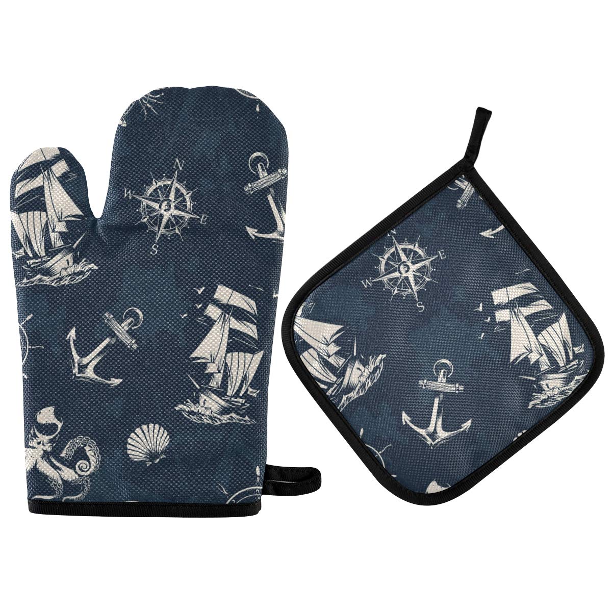 **Vintage Nautical Sailing Compass Anchor Blue Oven Mitt & Potholder Set - Heat Resistant BBQ Gloves for Cooking, Grilling, Baking - Perfect Kitchen Accessories for Home & Outdoor Use**