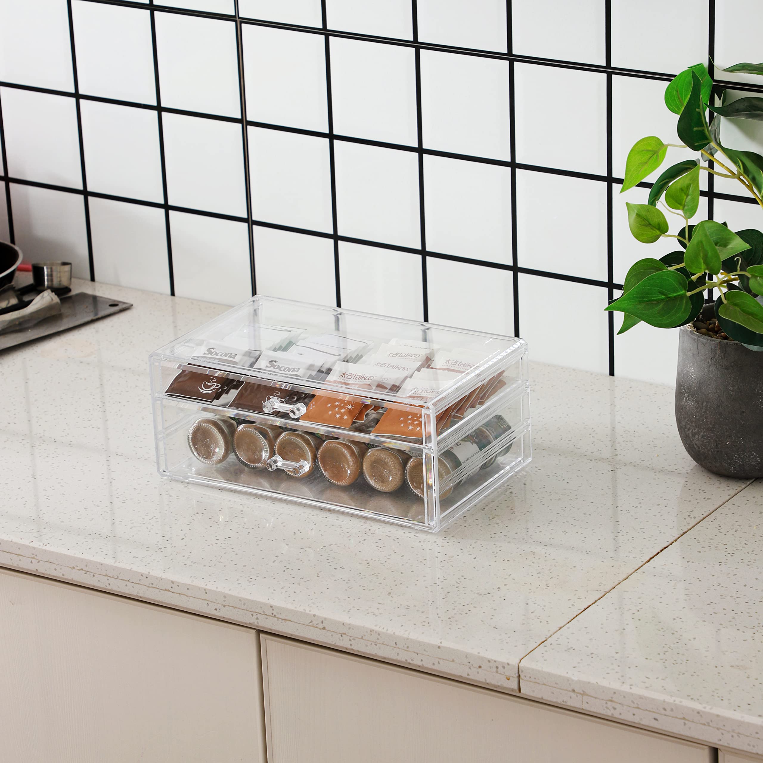 Clear Acrylic Desk Organizer with 2 Stackable Drawers - Skincare, Jewelry & Makeup Storage for Vanity, Bathroom or Office - Perfect for Hair Clips, Beauty Products and Countertop Organization