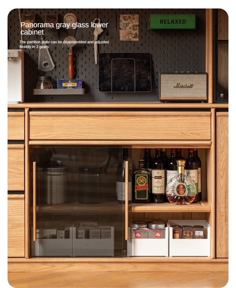Solid Oak Wood Sideboard with Glass Doors - Rustic Storage Cabinet for Dining Room, Living Room & Entryway - Perfect for Displaying China, Glassware & Home Decor