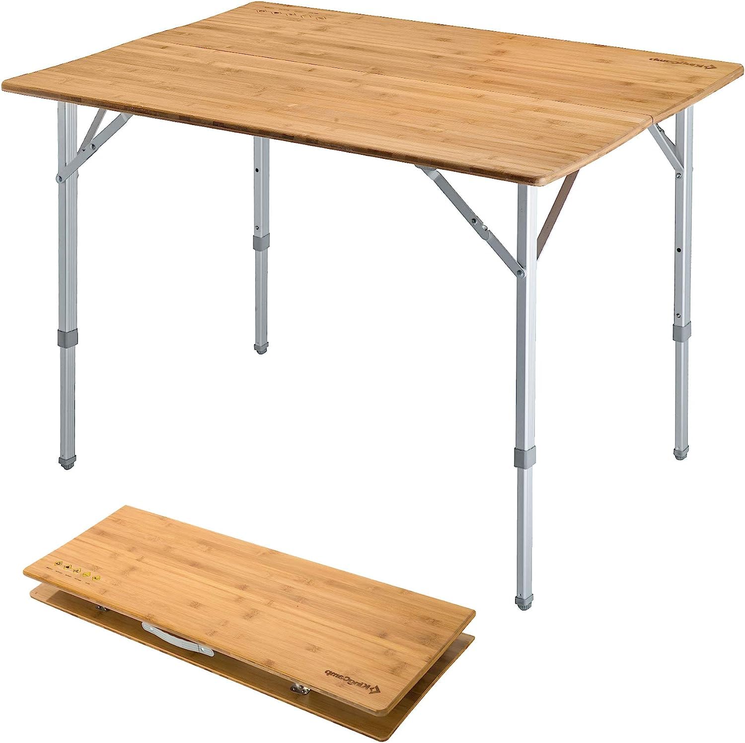 KingCamp Adjustable Height Bamboo Folding Camping Table with Aluminum Legs - Portable 2-Fold Outdoor Picnic Table for 4-6 People | Perfect for Camping, Backyard BBQs, Beach Trips & Tailgating Parties