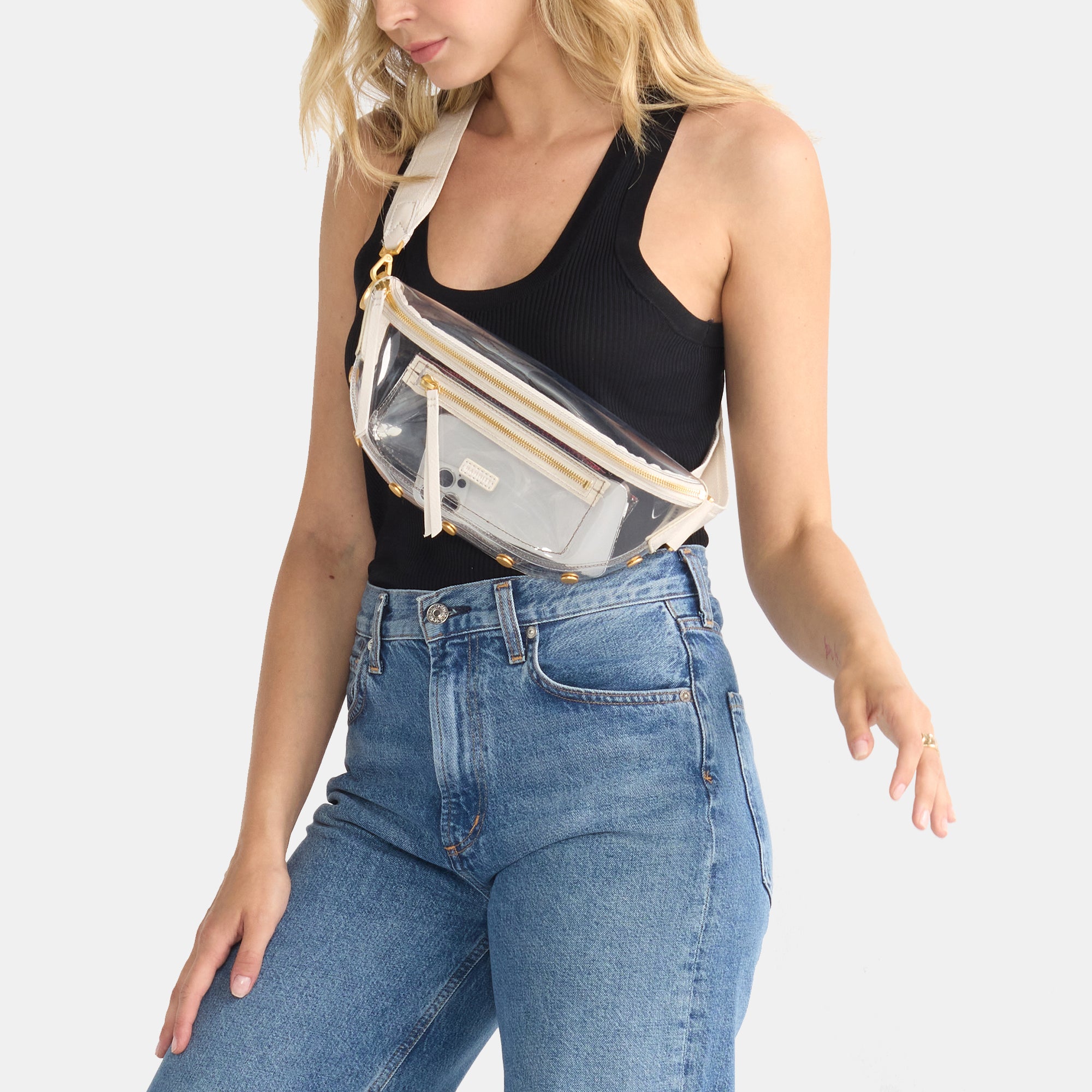 Charles Crossbody Clear Bag | Calla Lily White & Brushed Gold | Medium Size | Perfect for Concerts, Festivals & Travel