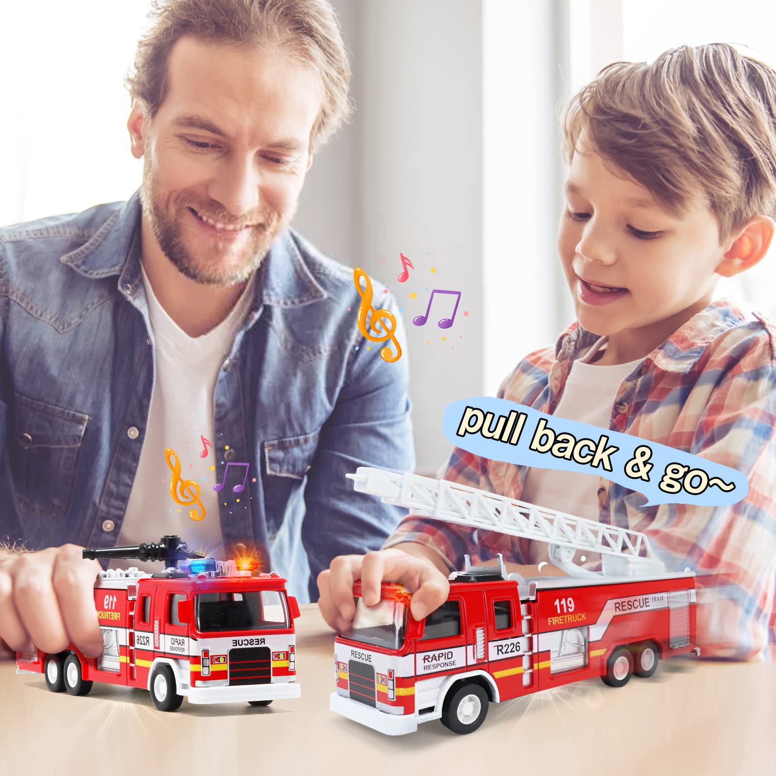 CORPER TOYS 3-Pack Fire Truck Toy Set with Extending Rescue Ladder, Rotating Water Gun, Lights & Siren Sounds – Pull Back Alloy Car Toys for Toddlers, Boys & Girls – Perfect for Birthday Gifts & Pretend Play Firefighter Scenarios