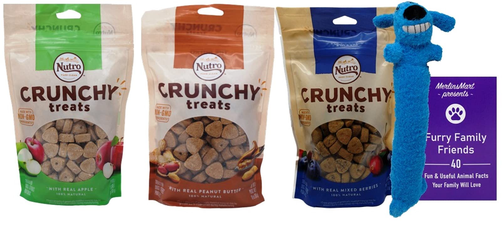 Nutro Crunchy Dog Treats 3 Flavor Variety Pack - Apple, Peanut Butter & Mixed Berries (10oz Each) with Free Squeak Toy & Animal Facts Booklet - Healthy Snacks for Training, Rewards & Playtime