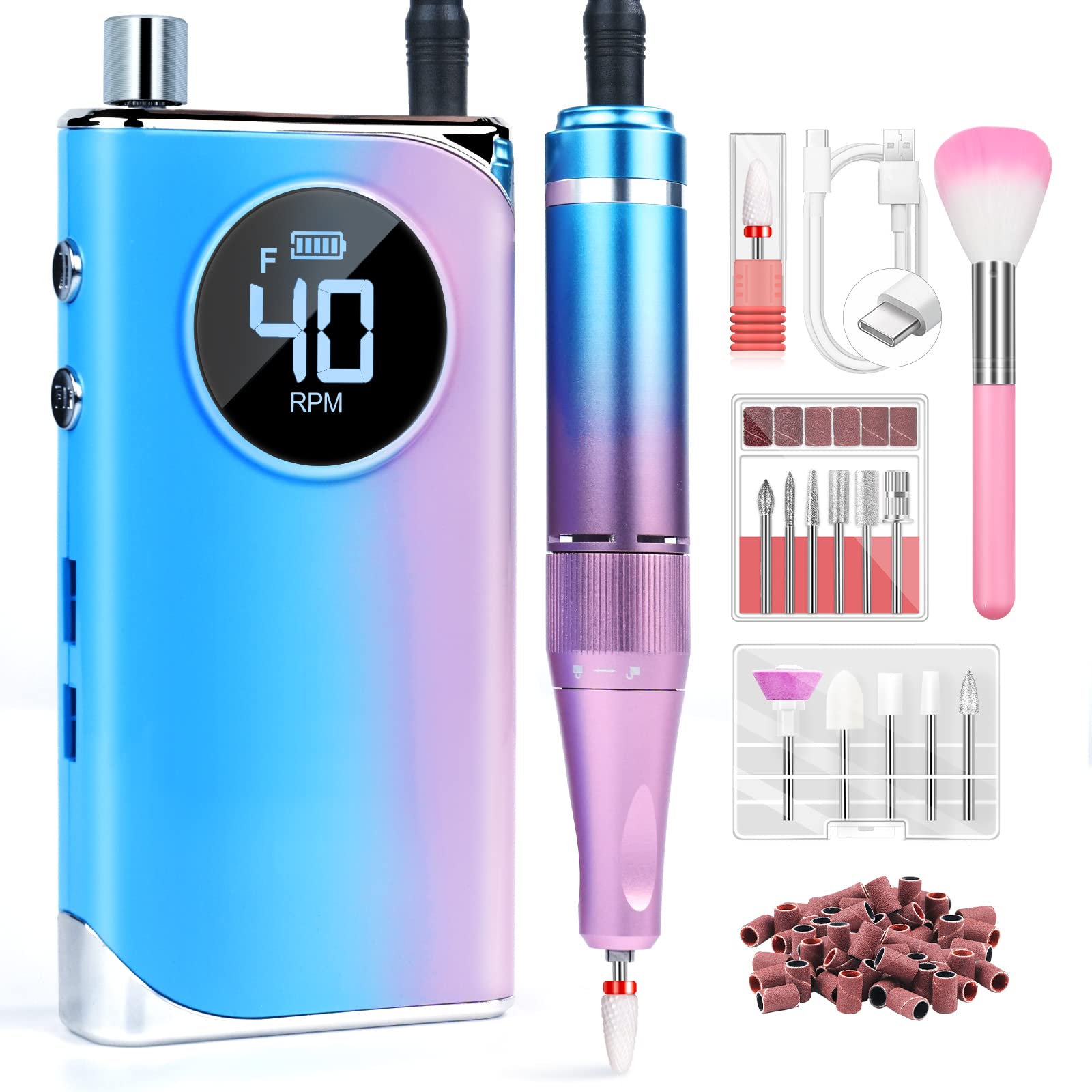 Saviland Rechargeable 40000 RPM Nail Drill Kit - Professional Electric Nail File with 12 Drill Bits for Acrylic & Gel Nails - Portable Manicure & Pedicure Tool for Home & Salon Use - Perfect for Nail Art, Extensions & Polish Removal