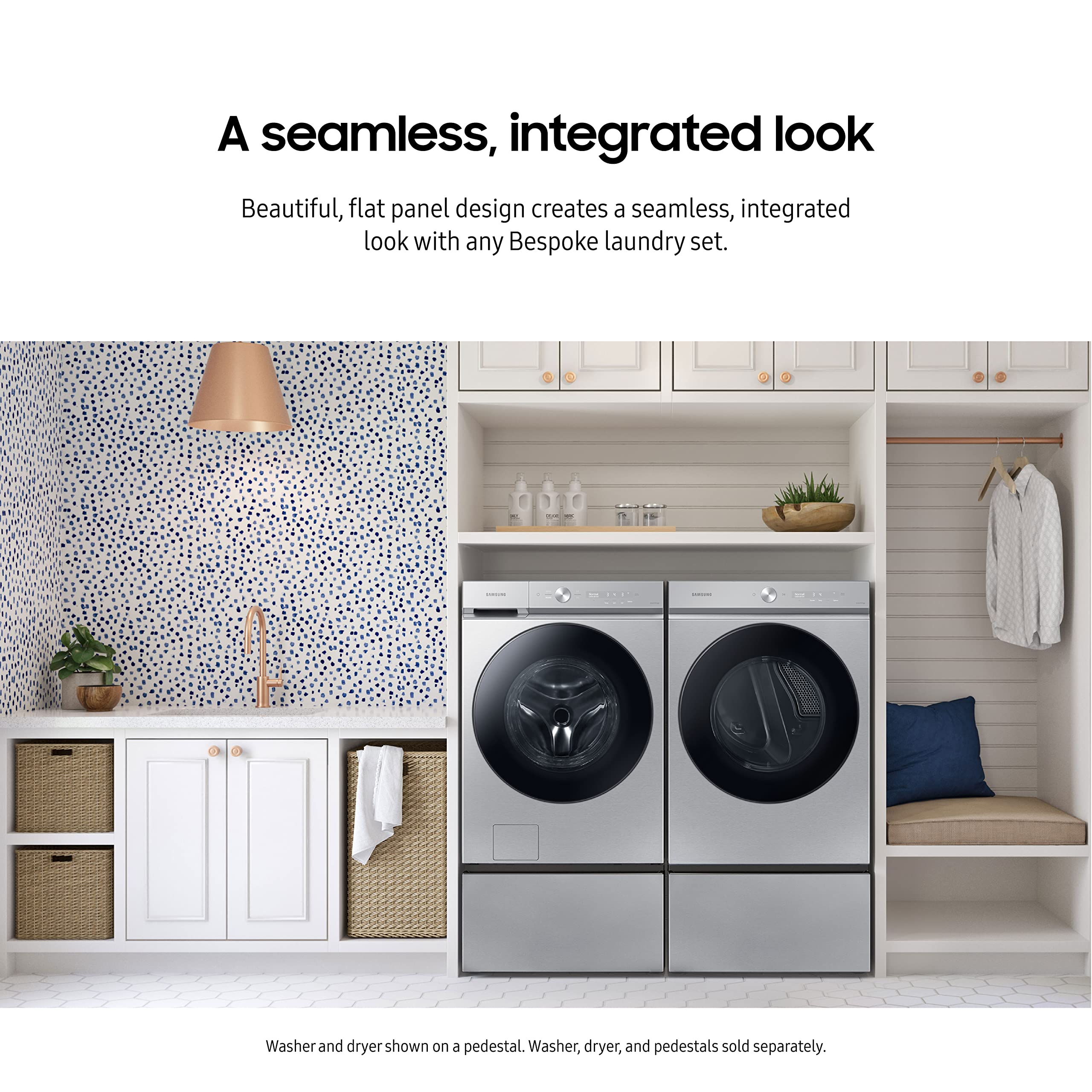 Samsung 27-Inch Bespoke Front Load Washer Dryer Pedestal Stand with Pull-Out Laundry Storage Drawer | WE502NT | Silver Steel | Space-Saving Laundry Room Organizer for Compact Homes & Apartments
