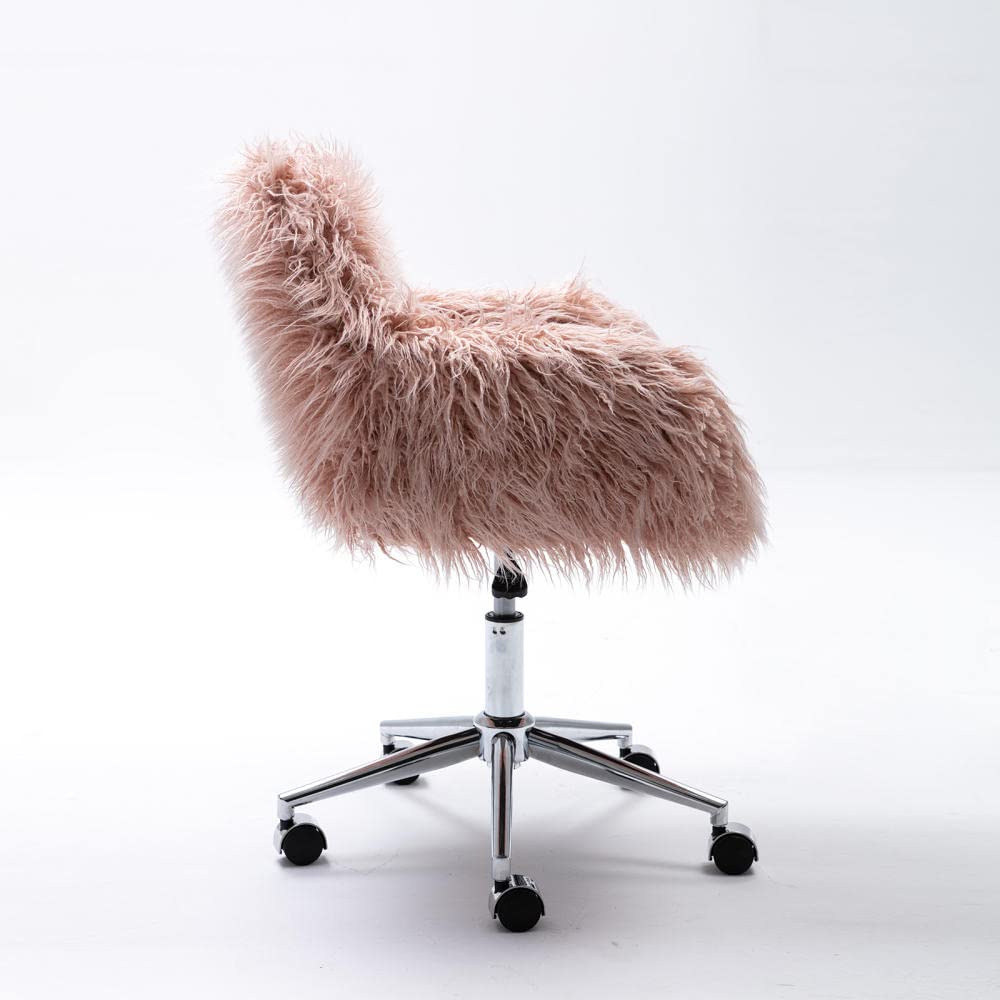 Modern Faux Fur Swivel Chair - Pink Fluffy Accent Chair for Home Office, Bedroom & Makeup Vanity | Heavy Duty Metal Frame with Chrome Base | Perfect for Girls Room Decor, Gaming Setup & Cozy Reading Nook
