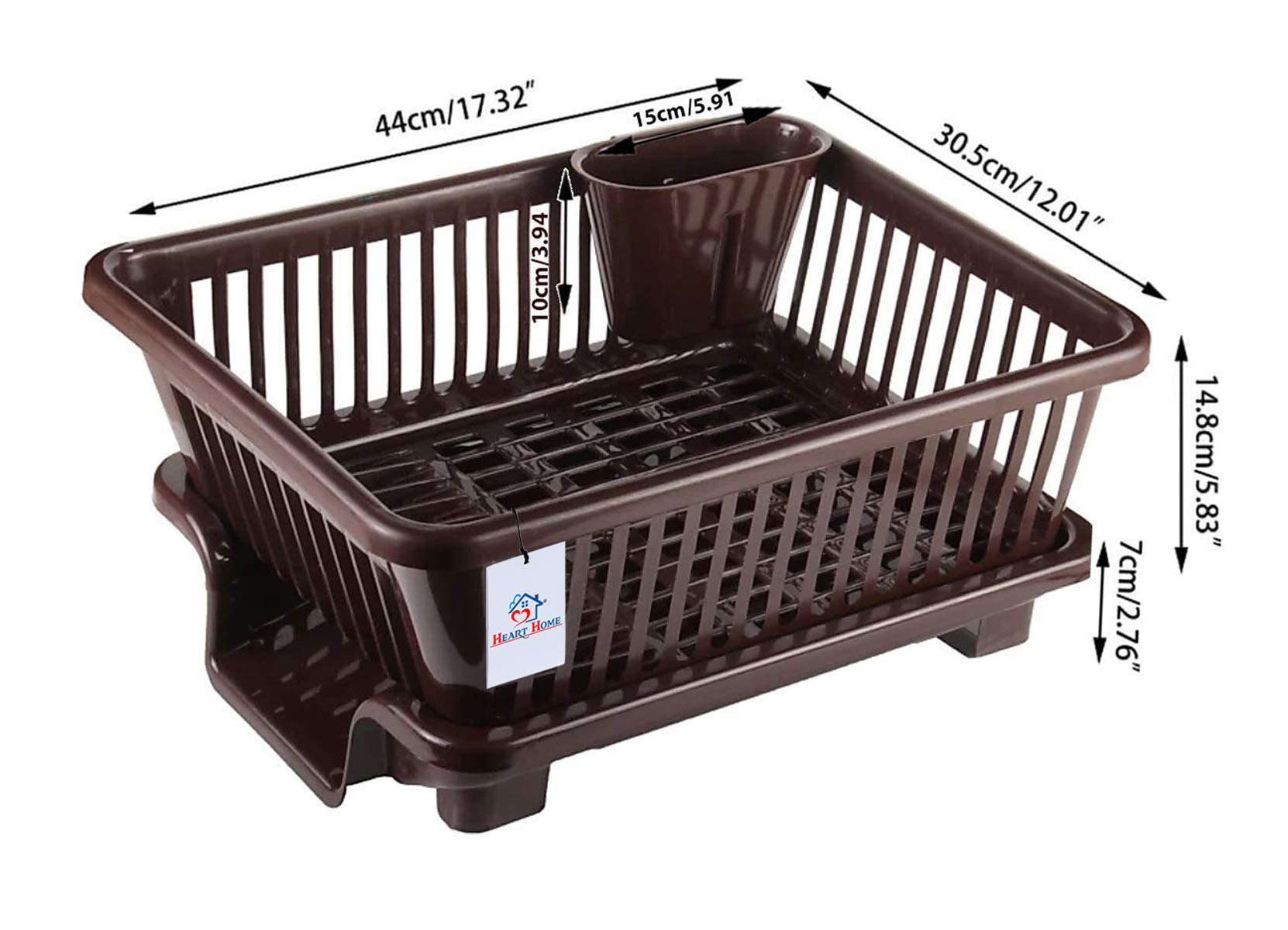 **Heart Home 3-in-1 Large Durable Plastic Kitchen Sink Dish Rack Drainer & Drying Rack with Tray – Organize Utensils, Cutlery & Dishes – Perfect for Small Kitchens, Dishwashing & Countertop Storage (Brown, HEART10737)**