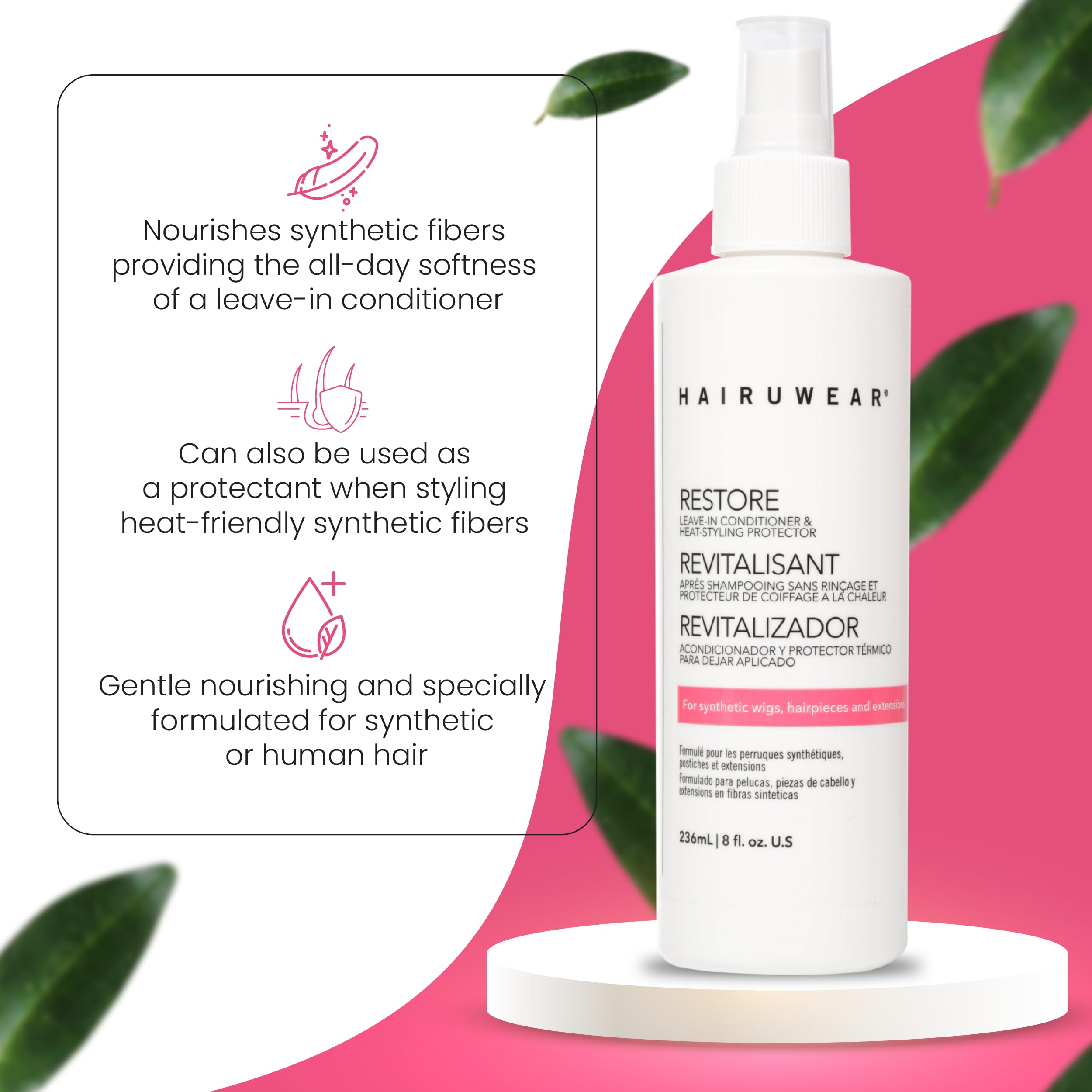 HairUWear Restore Leave-In Conditioner & Heat Protectant for Wigs & Hair Extensions - 8 oz - Moisturizes, Repairs & Protects Against Heat Damage - Perfect for Daily Styling & Salon Use