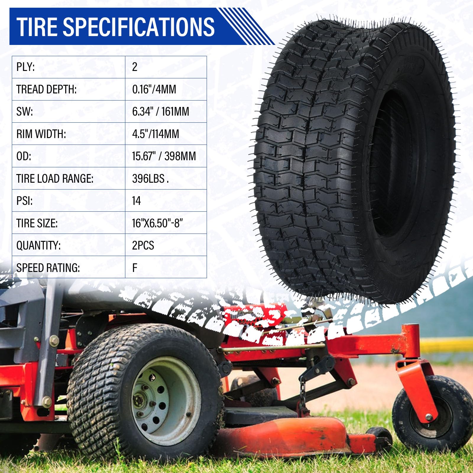 Set of 2 - 16X6.50-8 Tubeless Turf Tires for Lawn Mower & Garden Tractors - 2PR Heavy Duty - Perfect for Golf Carts, ATVs & Yard Equipment
