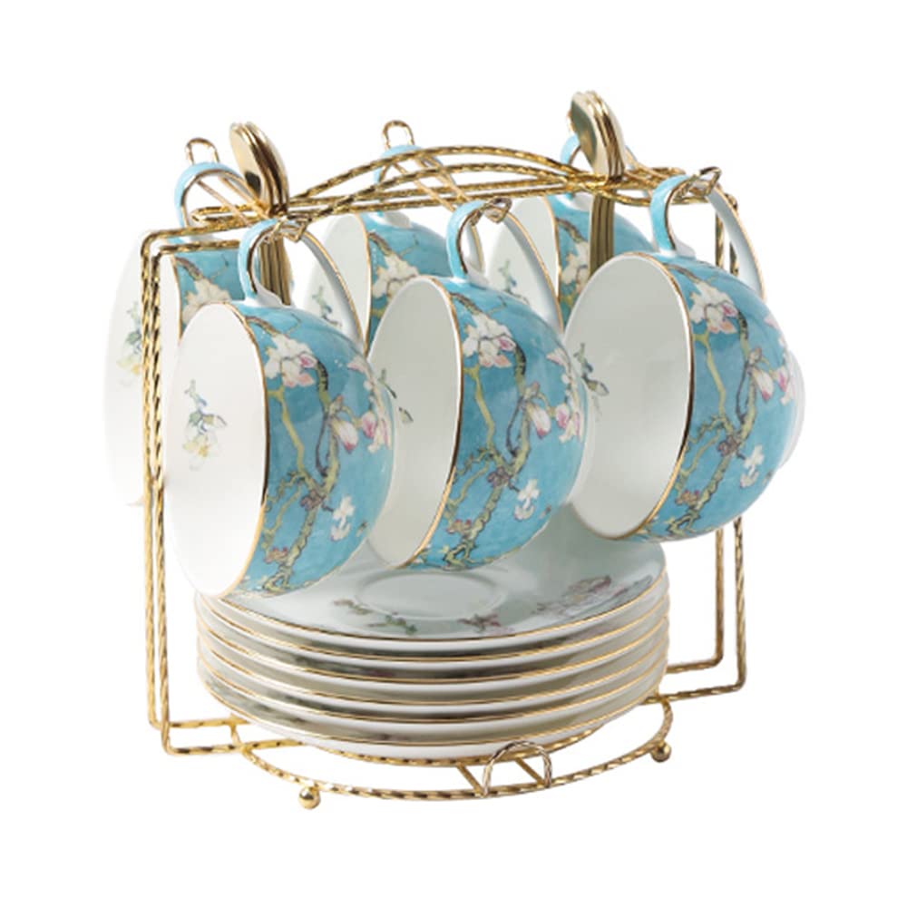 Luxury 6-Piece Tea Cup and Saucer Set with Gold Trim - 6oz Porcelain Coffee Cups with Metal Stand, British Royal Style for Afternoon Tea, Bridal Shower, and Elegant Home Decor