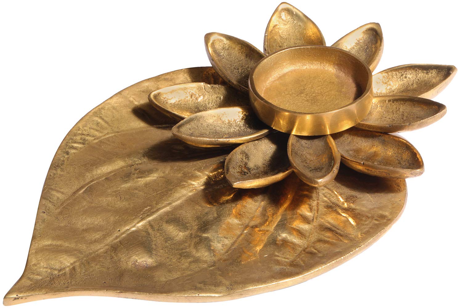 Exotic India Paan Patta (Betel Leaf) Brass Candle Holder - Handcrafted Statue for Home Decor, Pooja Room & Meditation Space