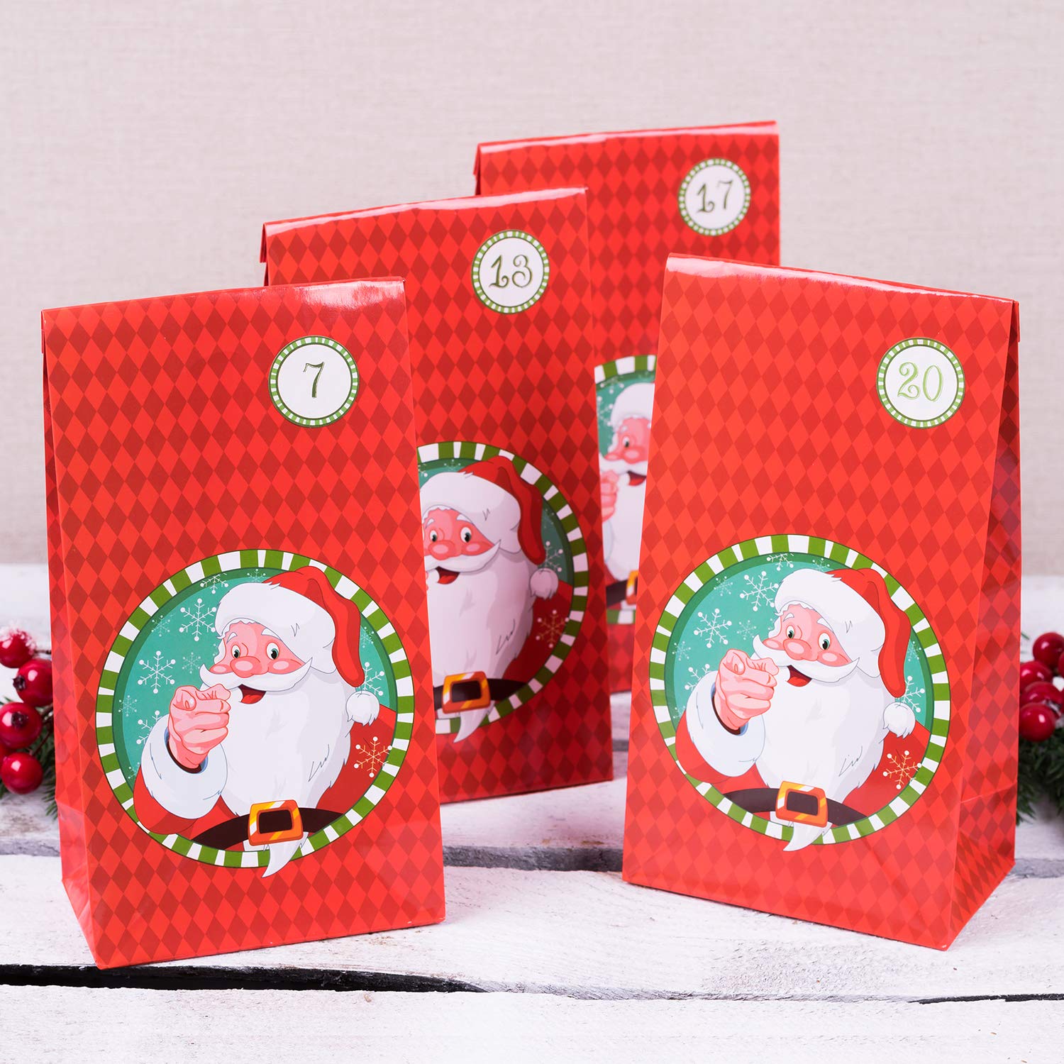 24-Piece Santa Claus Advent Calendar Gift Bags Set with Number Stickers - Fillable Christmas Countdown Bags for Holiday Party Favors, Classroom Rewards & Festive Gift Giving