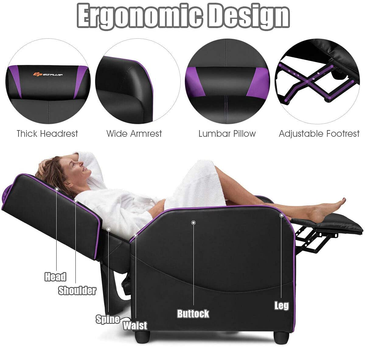 Premium Massage Gaming Recliner Chair with Lumbar Support - Adjustable PU Leather Recliner Sofa with Footrest & Remote Control - Ergonomic Office & Video Game Chair for Relaxation & Entertainment (Purple) - Perfect for Home Theater, Gaming Setup & Living Room Lounging
