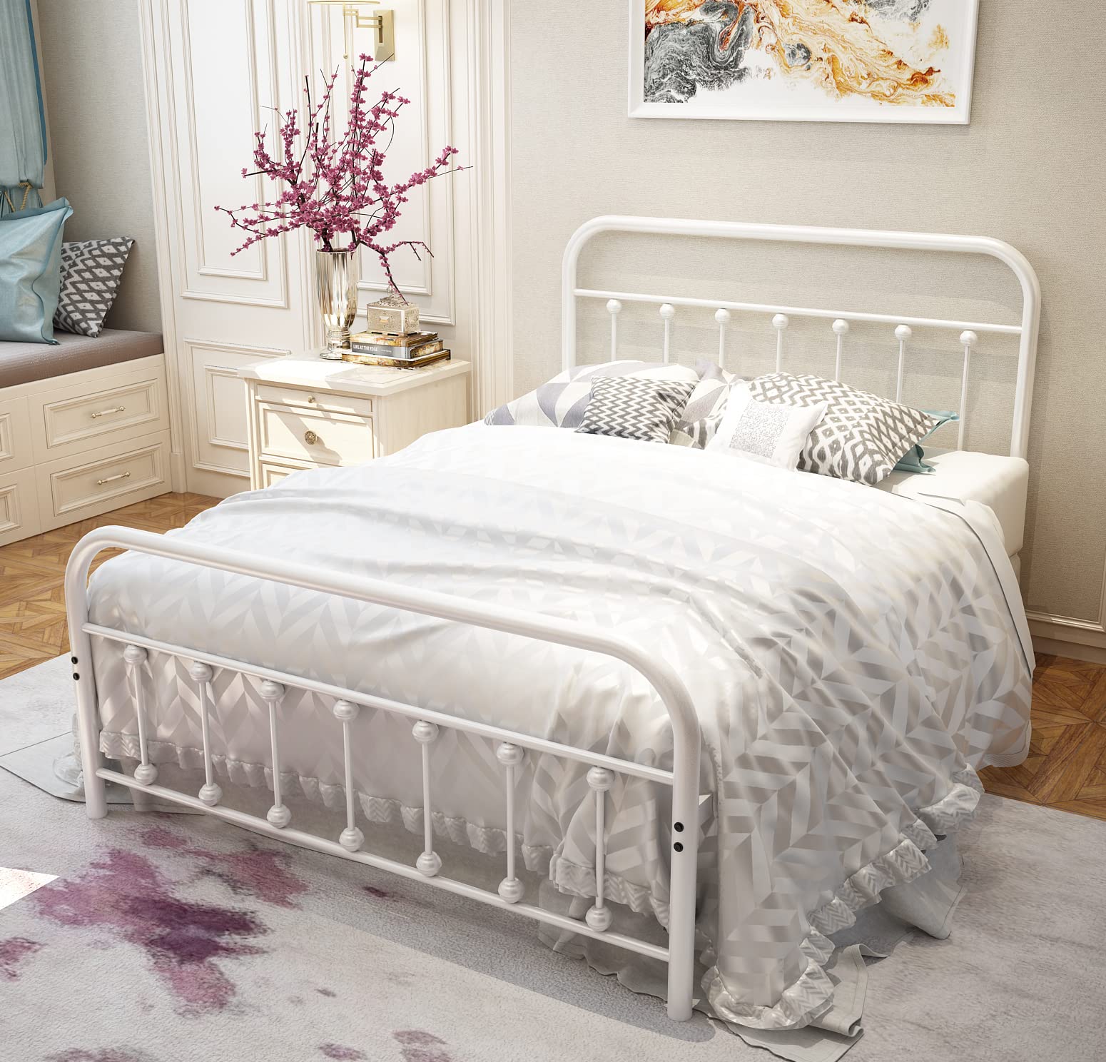 White Metal Bed Frame Full Size with Headboard & Footboard - Sturdy Platform Mattress Base with Metal Tube & Iron-Art Design - Perfect for Bedrooms, Guest Rooms & Dormitories (Full, White)
