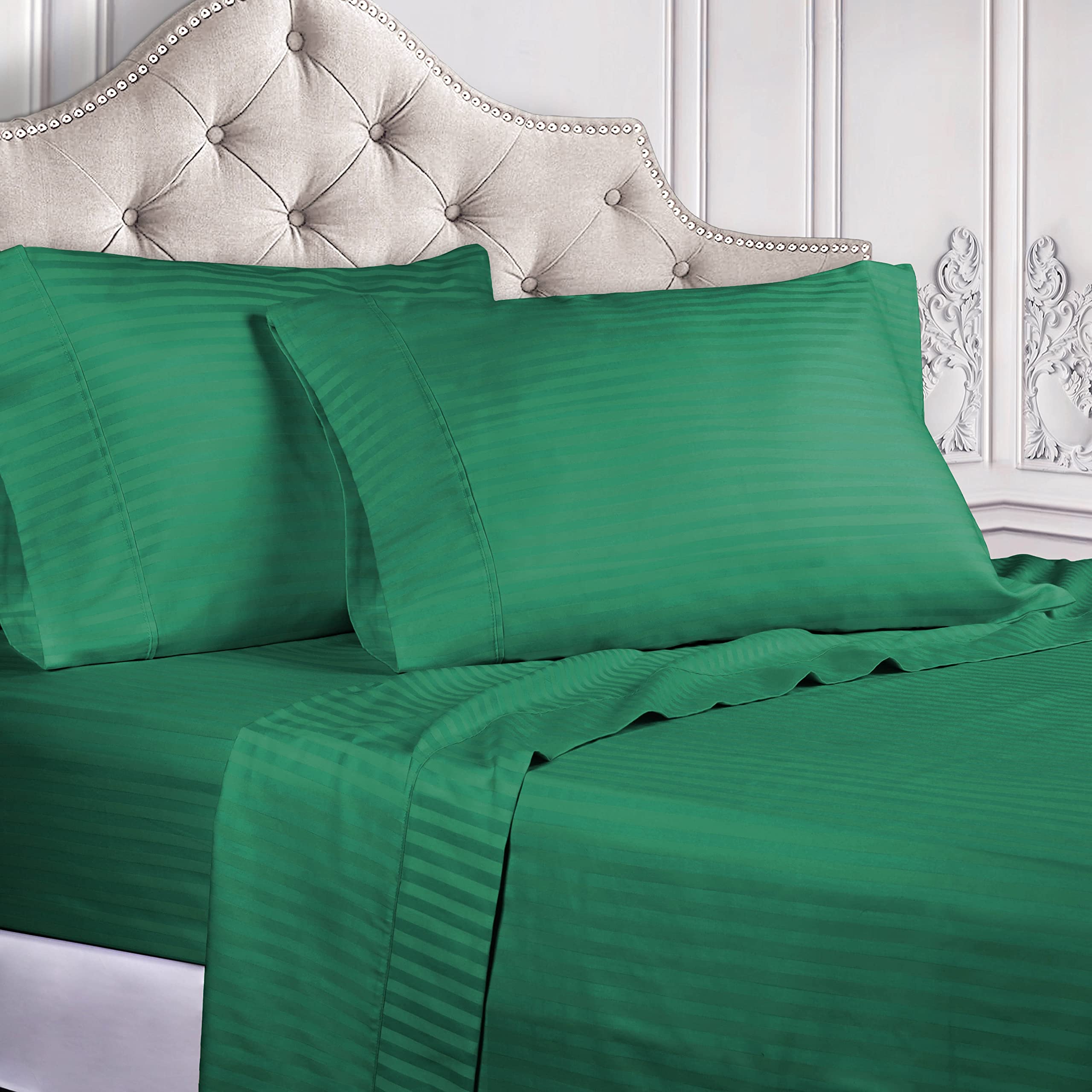 Premium 300-Thread Count Striped King Size Sheet Set - 100% Long-Staple Cotton Bed Sheets in Hunter Green - Soft & Breathable for Ultimate Comfort - Perfect for Master Bedroom, Guest Room, or Luxury Hotel Use