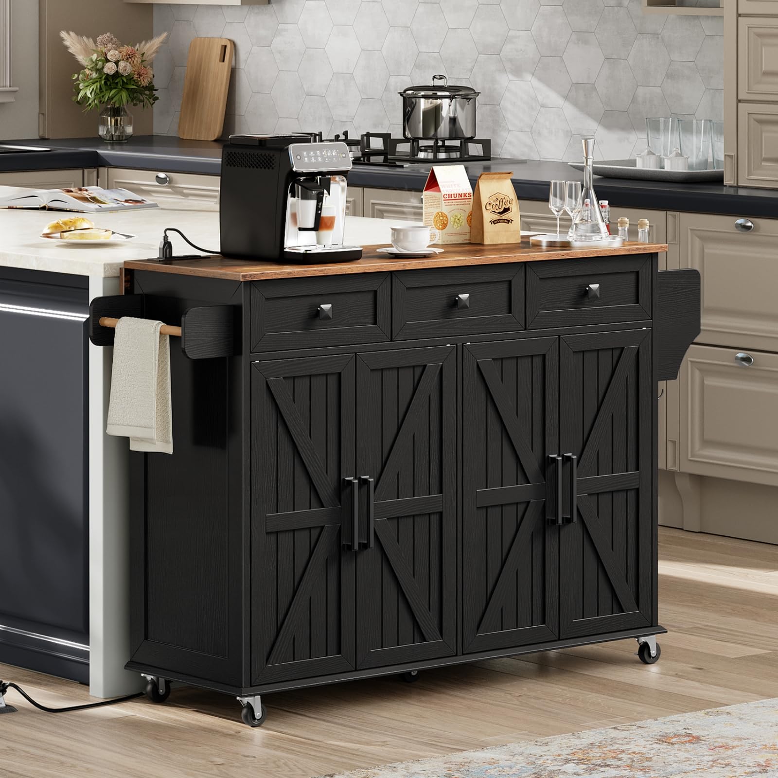 **Black & Rustic Brown Kitchen Island Cart with Drop Leaf, 3 Drawers, Towel Rack, Spice Rack & USB Charging Station – Mobile Storage Table for Small Spaces, Breakfast Bar & Kitchen Organization**    *(Use Cases: Perfect for small kitchens, meal prep, extra counter space, breakfast nook, or as a portable serving cart for entertaining.)*