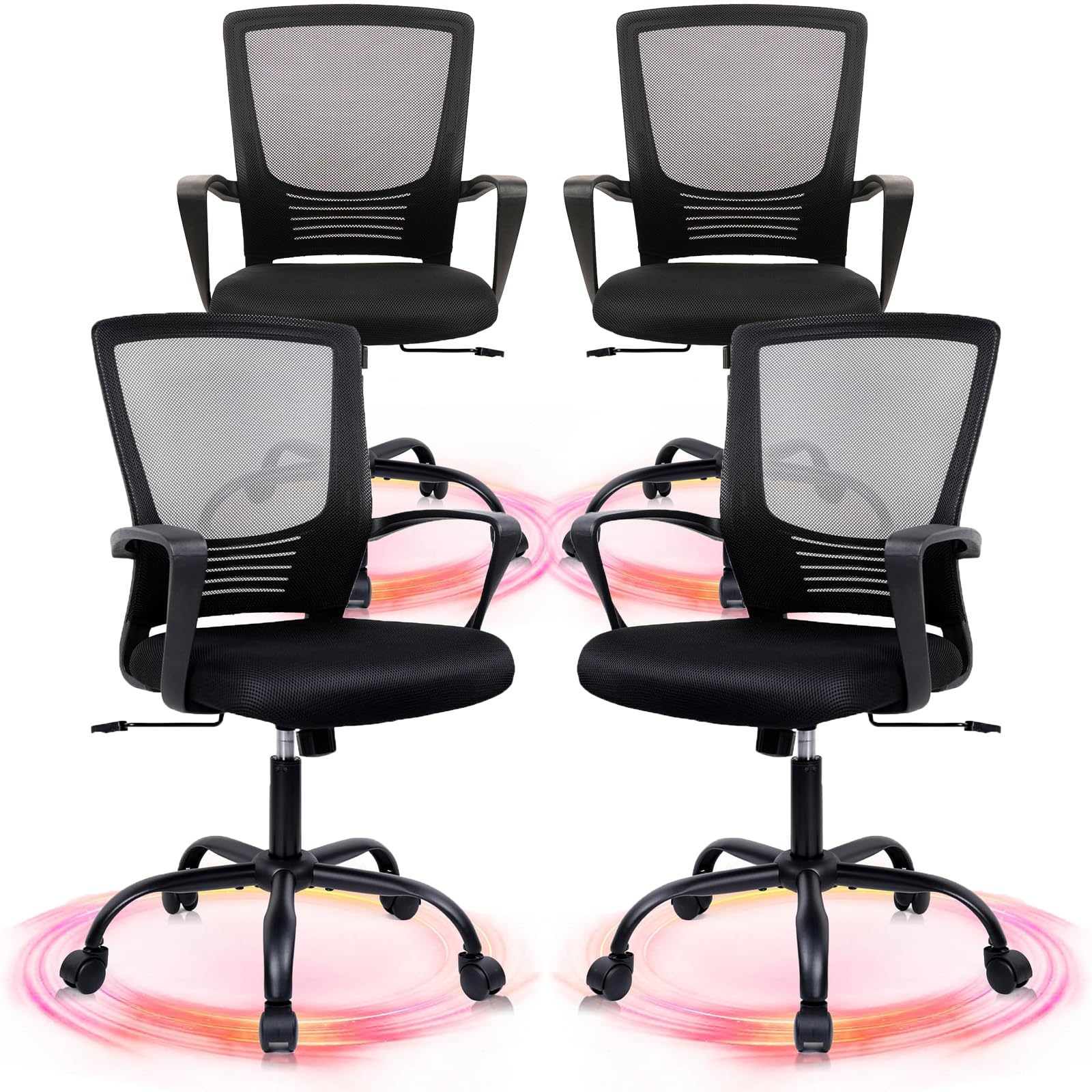 Ergonomic Mesh Office Chair with Lumbar Support - CLATINA Adjustable Rolling Computer Desk Chair, Swivel Executive Chair with Wheels & Armrests for Home Office, Conference Room (4-Pack, Black) - Perfect for Long Work Hours & Video Meetings