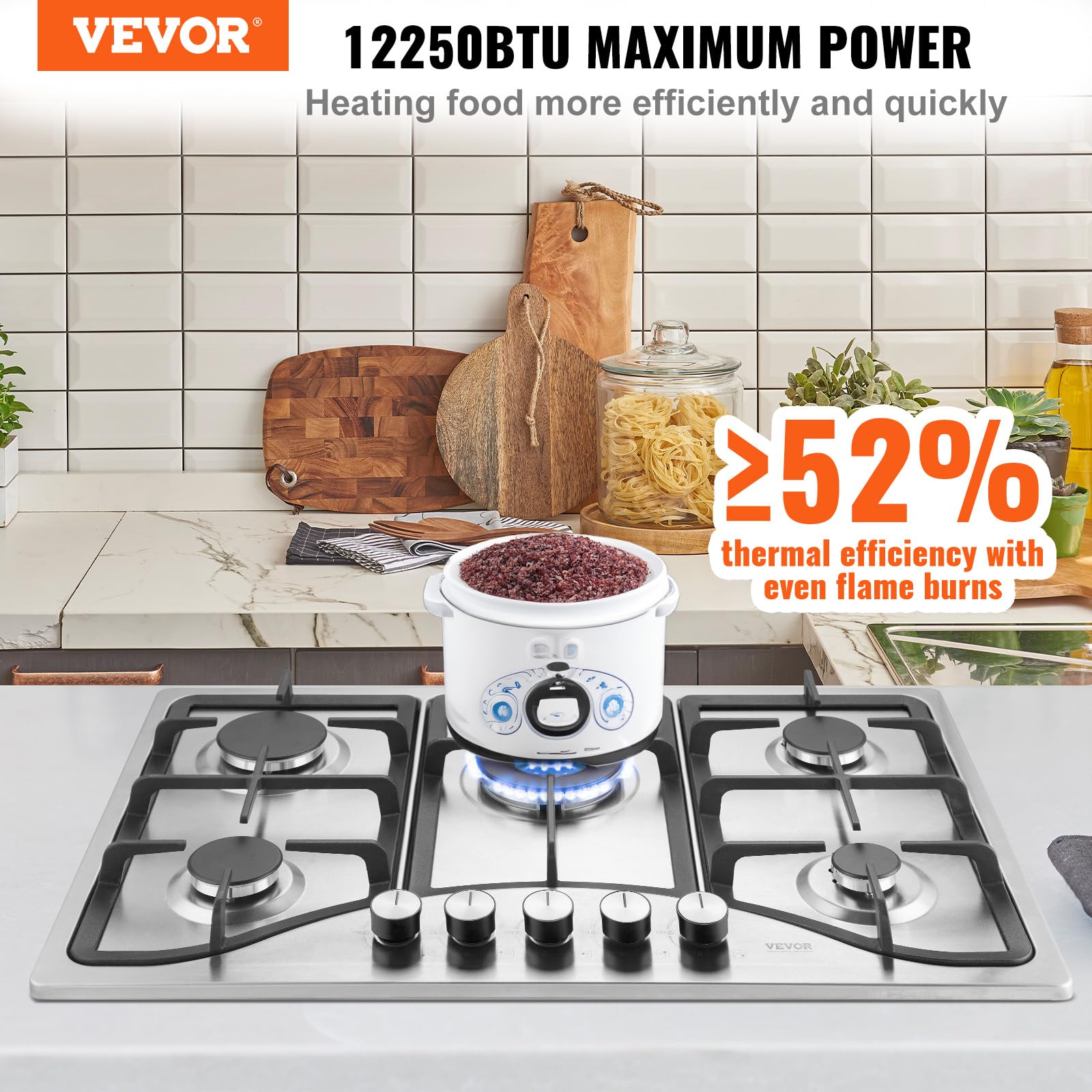 VEVOR 30-inch 5 Burner Built-in Gas Cooktop, 12250BTU NG/LPG Convertible Stainless Steel Gas Stove with Thermocouple Protection - Perfect for Camping, RV, Apartment & Outdoor Cooking