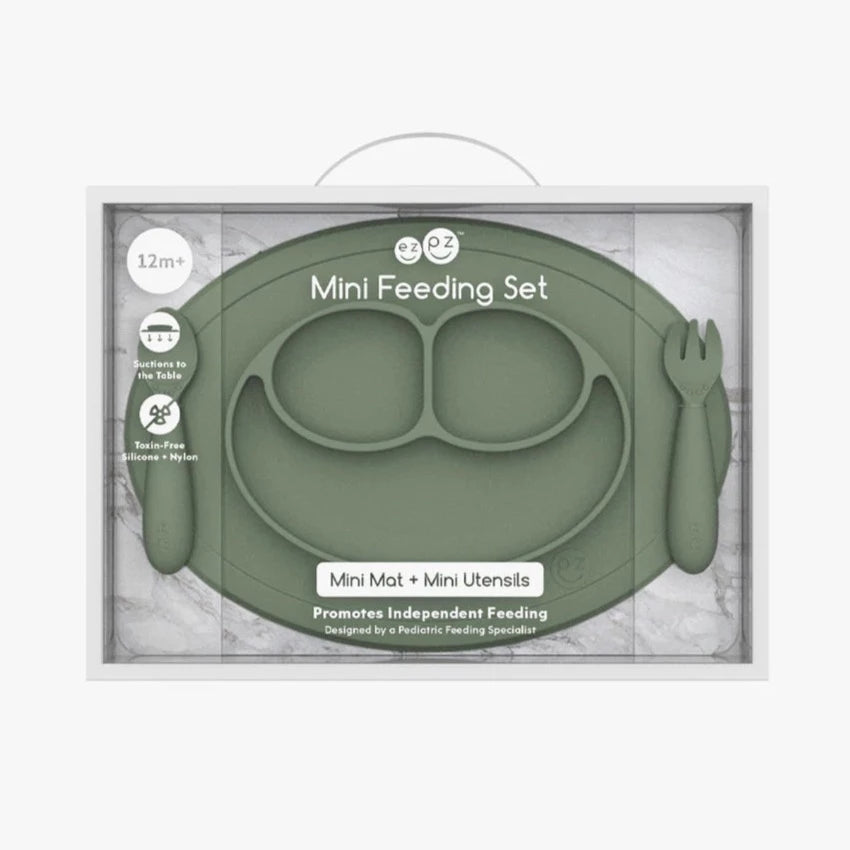 Ezpz Olive Mini Feeding Set for Babies & Toddlers - BPA-Free Silicone Plate, Bowl & Spoon - Perfect for Mess-Free Meals at Home or On-the-Go