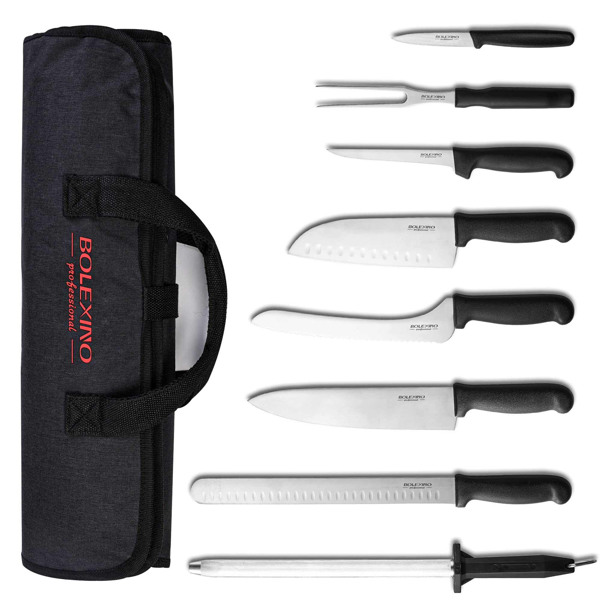 Premium 9-Piece Japanese Stainless Steel Chef Knife Set with Roll Bag - Professional BBQ & Kitchen Knives for Home Cooks & Culinary Experts - Perfect for Slicing, Dicing, and Food Prep