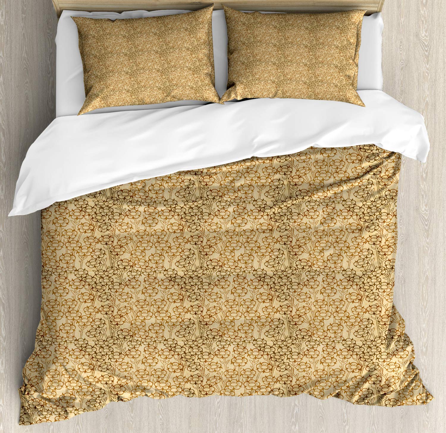Ambesonne Retro Grungy Daisy Duvet Cover Set - 2 Pack King Size, Caramel & Tan - Vintage Floral Bedding with 2 Duvet Covers & 4 Pillowcases - Perfect for Bohemian & Farmhouse Style Bedrooms