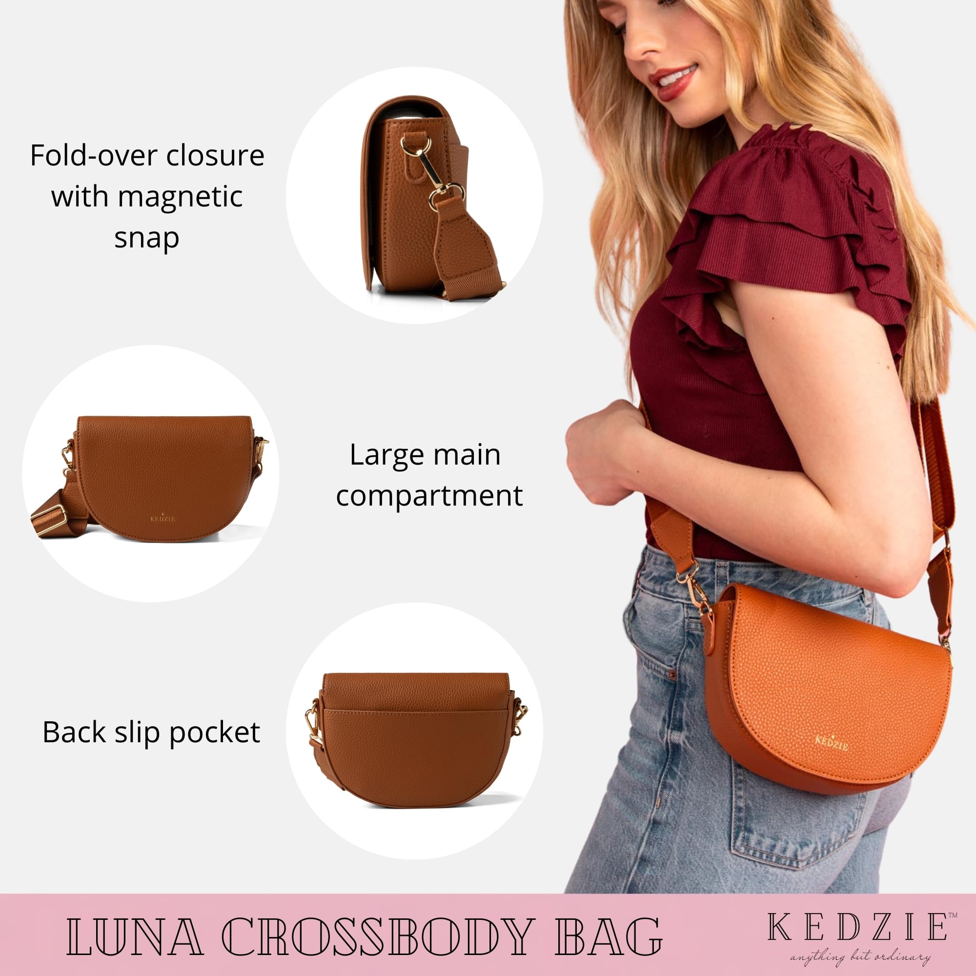 KEDZIE Luna Crossbody Bag for Women - Adjustable Removable Strap Shoulder Purse & Messenger Bag - Perfect for Work, Travel & Everyday Use