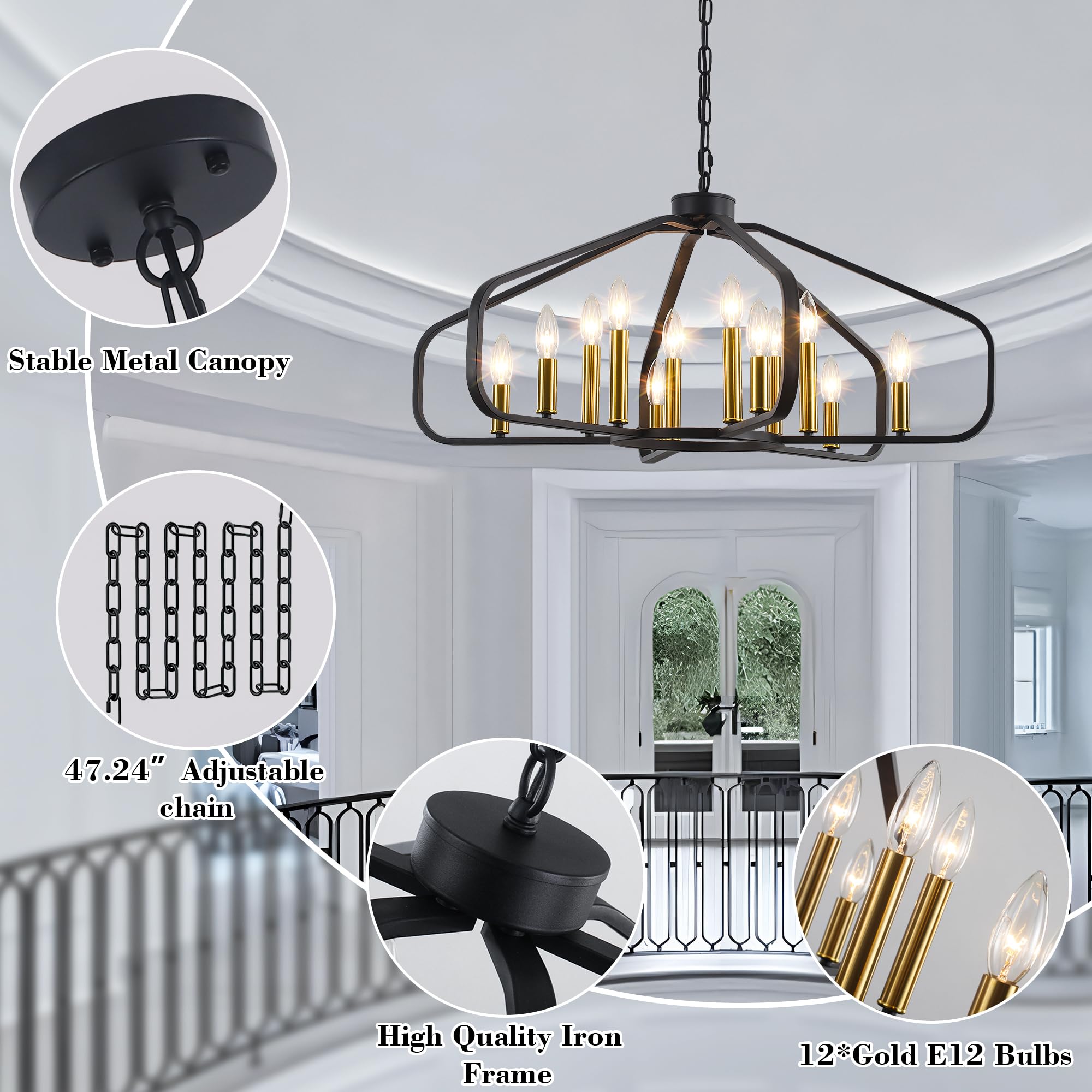 32.28'' Large Black and Gold Modern Farmhouse Cage Chandelier - 12-Light Dining Room Lighting Fixture for Living Room, Bedroom, Kitchen, Entryway & Foyer | Perfect for Rustic Home Decor & Wedding Venue Lighting