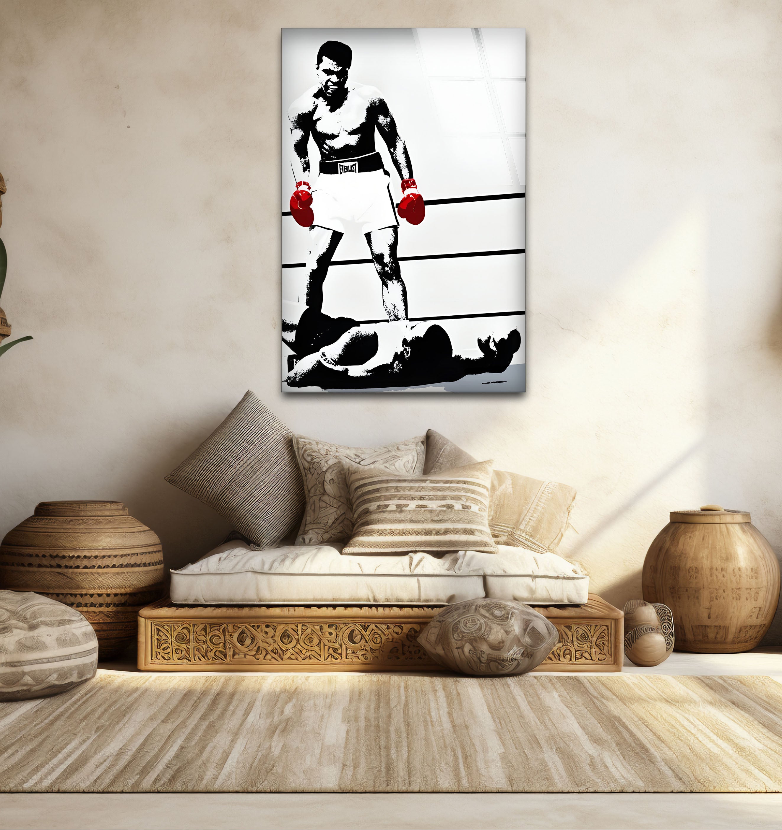 Muhammad Ali Glass Wall Art - Black & White Boxing Decor for Home, Gym & Office | High-Quality Printed Glass Panel