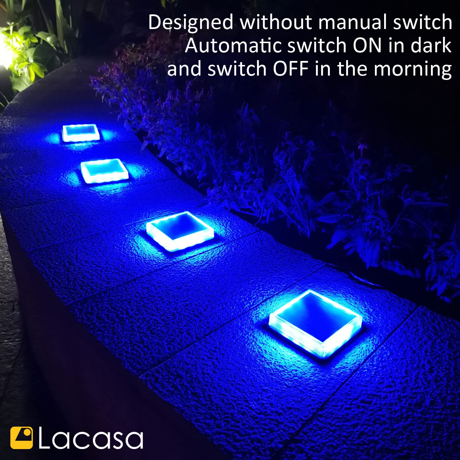 Lacasa 4-Pack Blue Solar Deck Lights - Dusk to Dawn Large Battery Step Lights, Waterproof Solar Powered LED Dock Lights for Outdoor Garden, Stairs, Driveway, Walkway, Pathway & Warning Lighting - Perfect for Patio, Backyard, Poolside & Landscape Illumination
