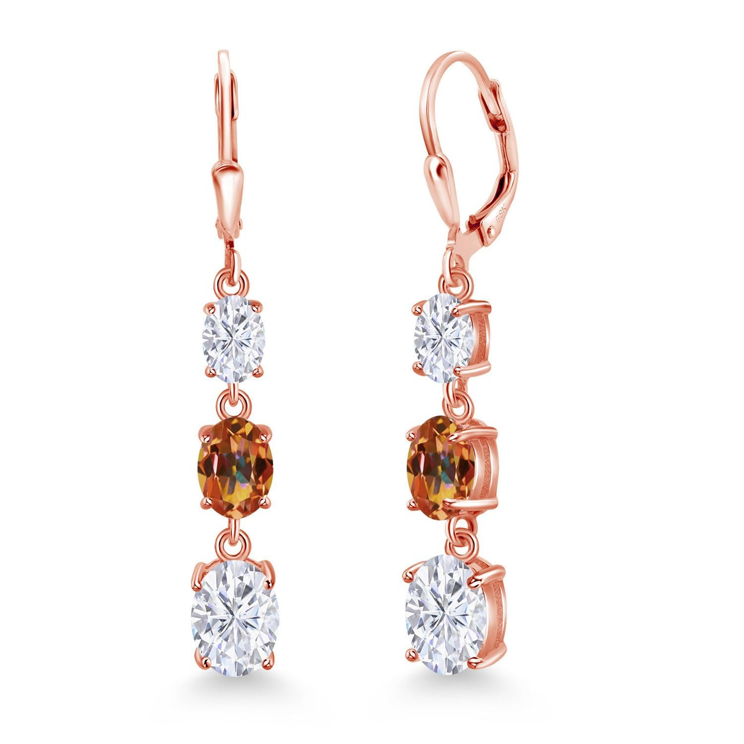 18K Rose Gold Plated Silver White Moissanite 3 Stone Dangle Earrings for Women - 6.00 Cttw Oval Cut (8x6mm, 7x5mm, 6x4mm) Gemstone Birthstone Jewelry | Perfect for Birthday Gifts, Anniversary, Wedding & Special Occasions