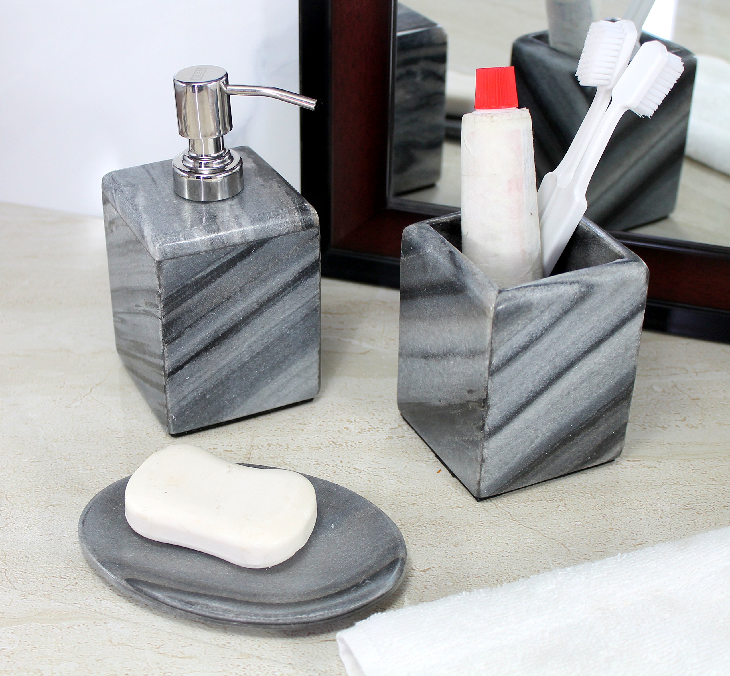 Natural Stone Bathroom Set - Soap Dispenser, Toothbrush Holder & Soap Dish (Grey, 3-Piece) for Spa-Like Luxury