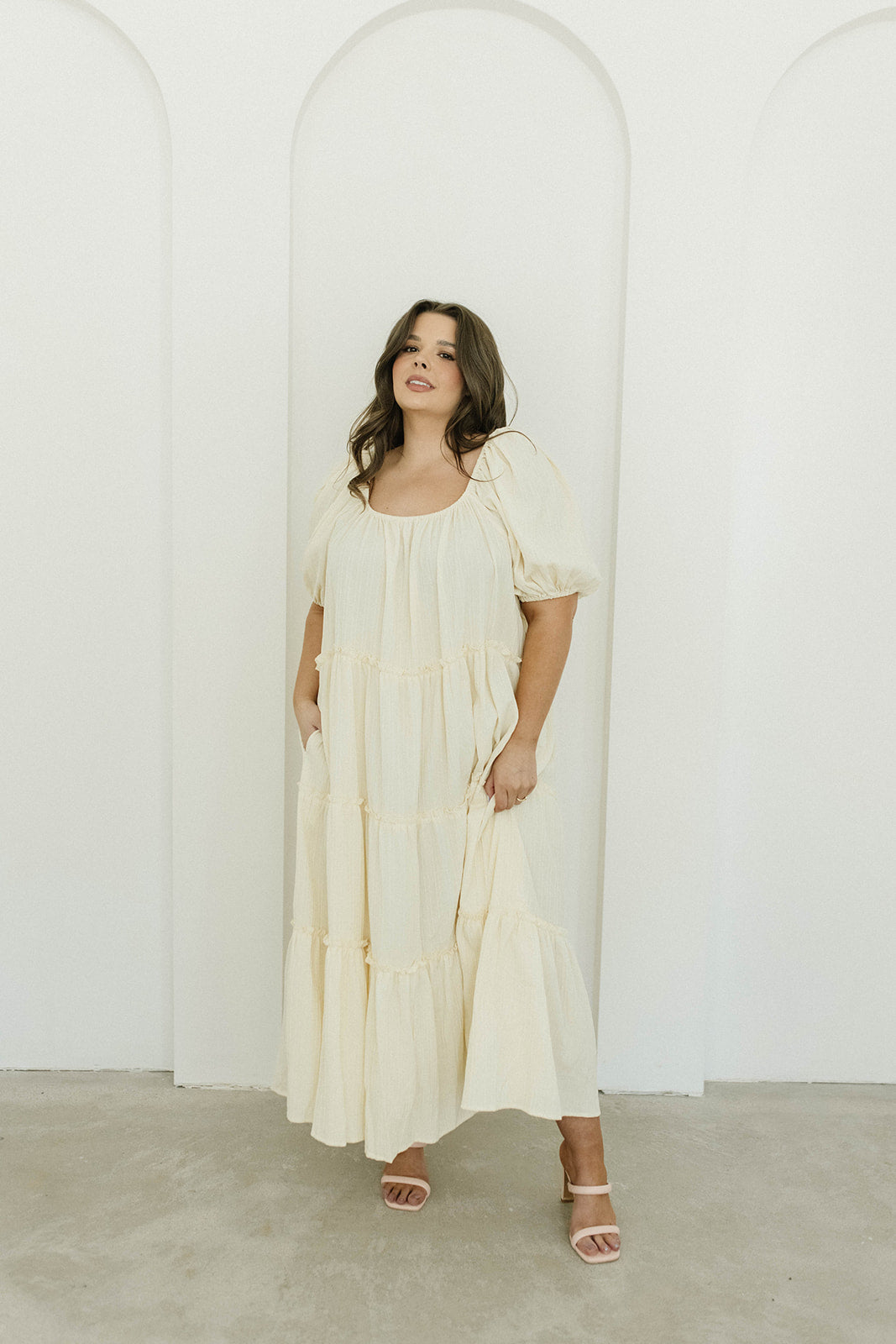 Eva Puffed Sleeve Maxi Dress in Cream - Bump Friendly Maternity Dress with Inclusive Sizing (S-3XL) | Perfect for Weddings, Baby Showers & Summer Vacations