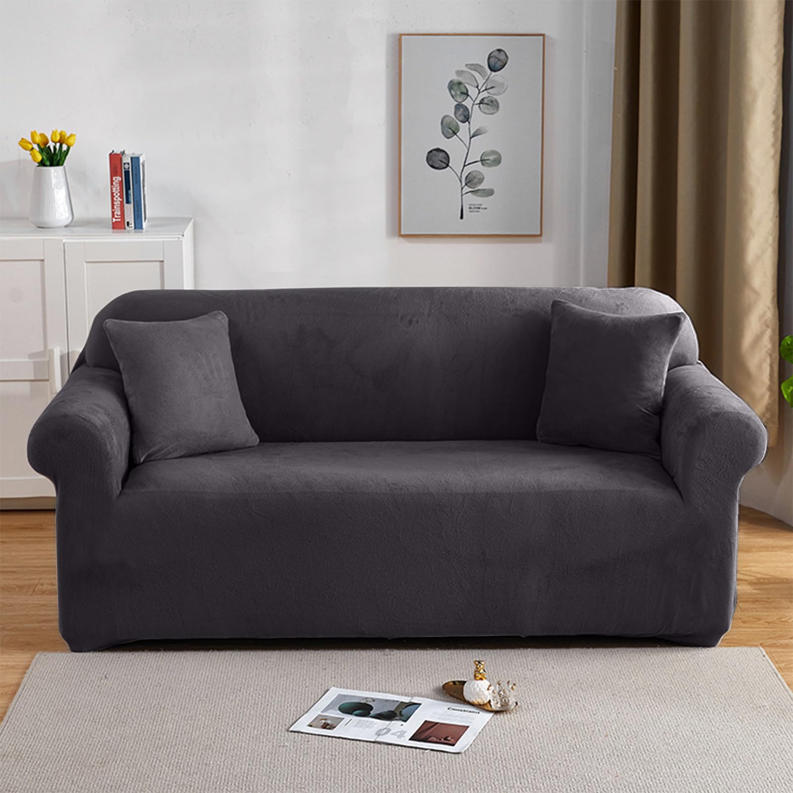 Premium Elastic Sofa Covers for 3 Seater Couches - Soft Velvet Stretchable Slipcovers in Dark Gray - Perfect for Living Room, Family Room & Home Decor Protection