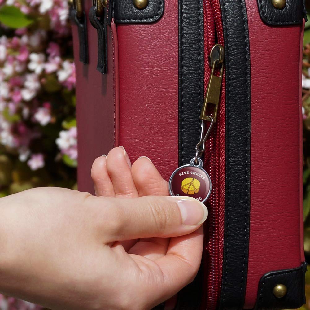 Give Cheese a Chance Peace Symbol Zipper Pull Charm - Funny Humor Accessory for Jackets, Handbags, Purses, Luggage & Backpacks - Unique Graphic Novelty Gift for Cheese Lovers