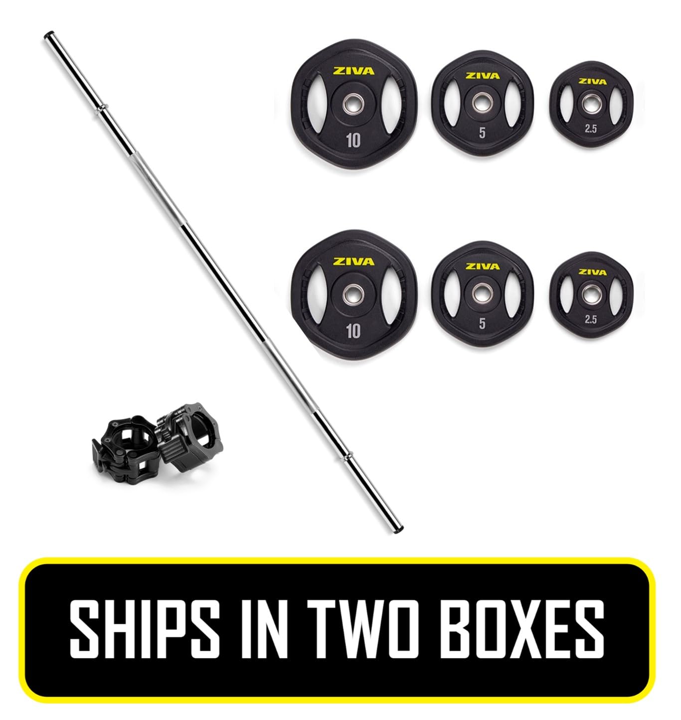 ZIVA RPU 35 lb. Adjustable Studio Barbell Weight Set - 6 RPU Weight Plates, Knurled Chrome Bar (1.18