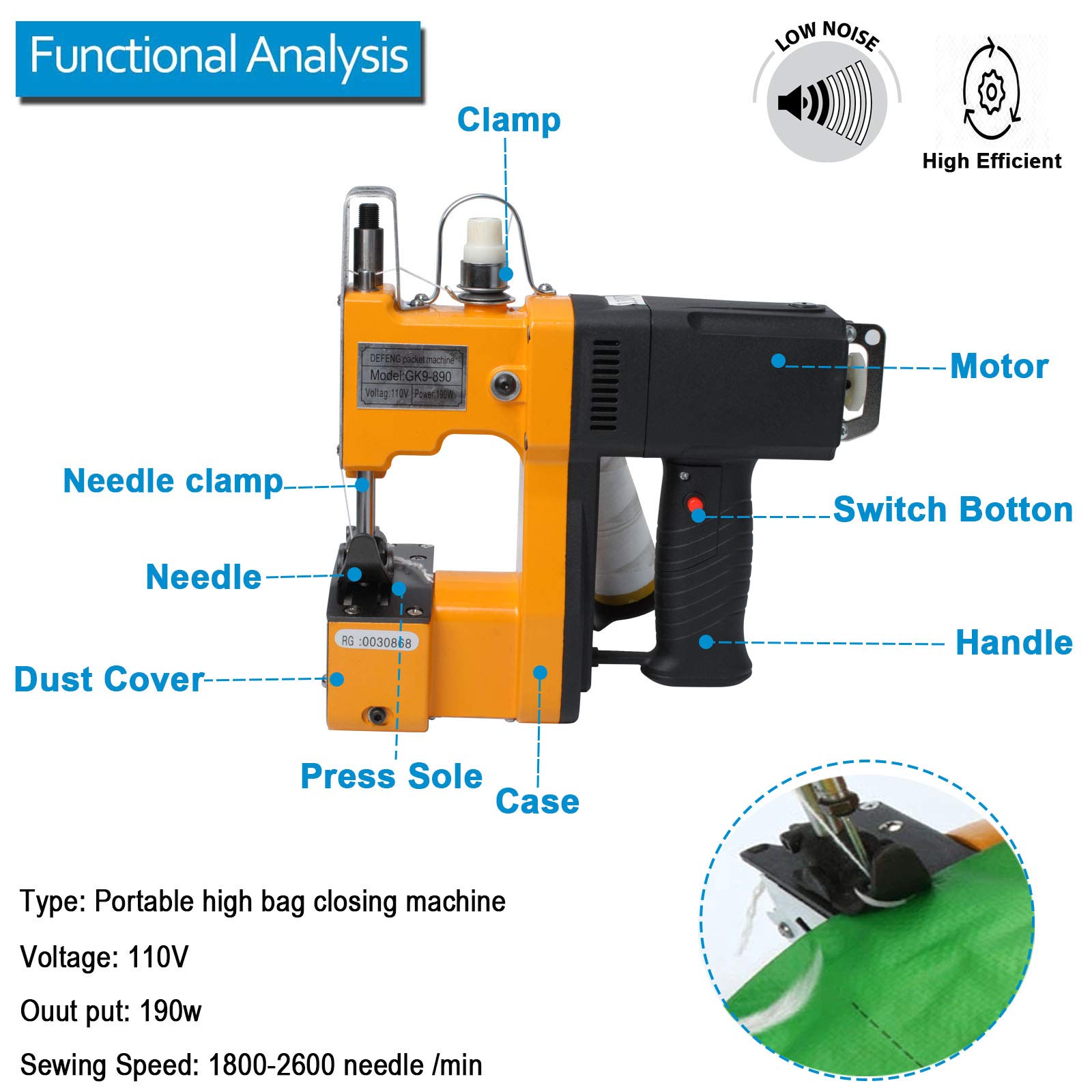 GK9-890 Industrial Bag Closer Machine | 110V Electric Bag Sealing & Stitching Machine | 190W High-Speed Handheld for Woven/Snakeskin/Paper Bags | Perfect for Packaging, Shipping & Retail Operations