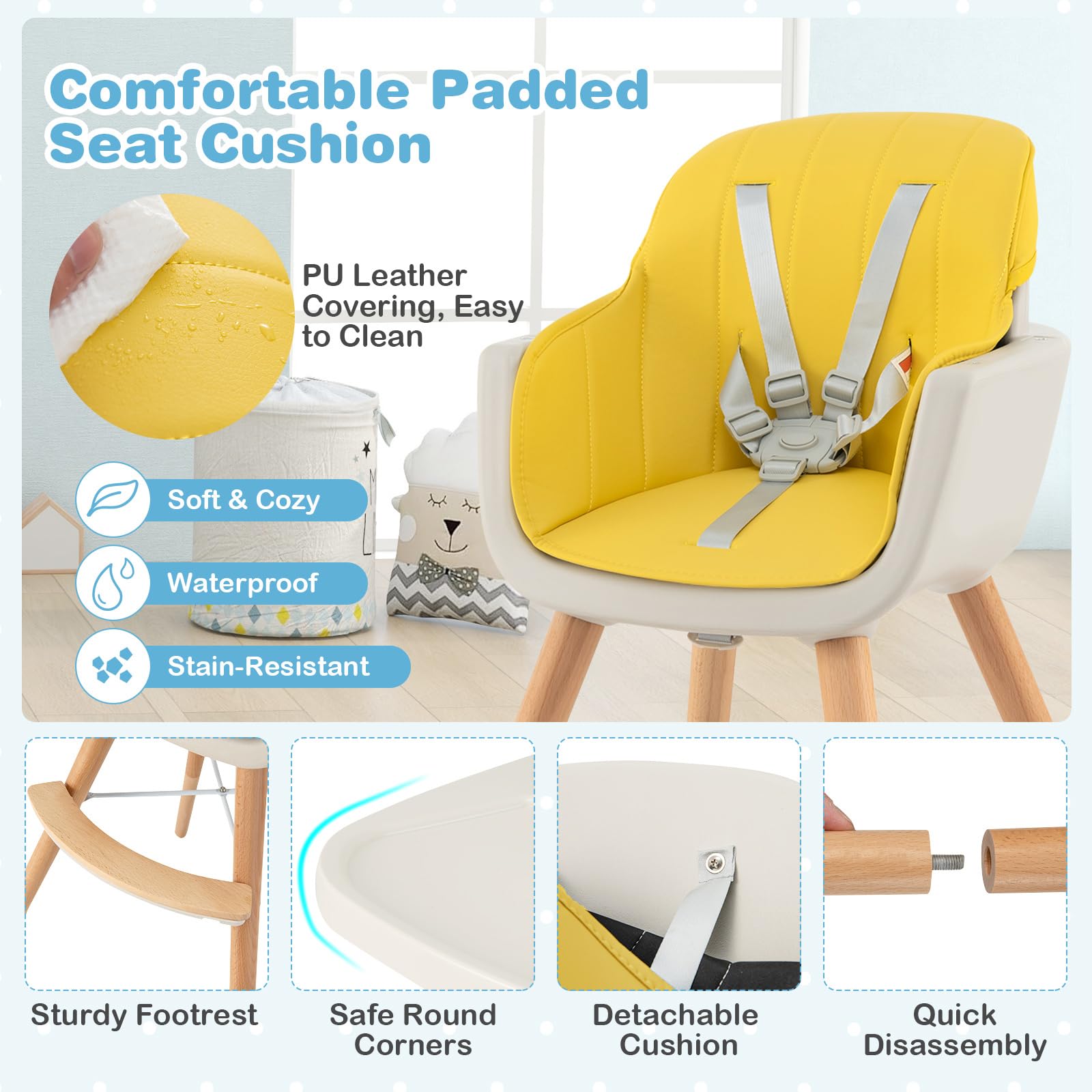 HONEY JOY 3-in-1 Wooden High Chair for Babies & Toddlers - Convertible Booster Seat & Toddler Chair with Removable Tray, 5-Point Safety Harness, PU Cushion & Adjustable Footrest - Perfect for Dining, Feeding & Learning (Yellow)