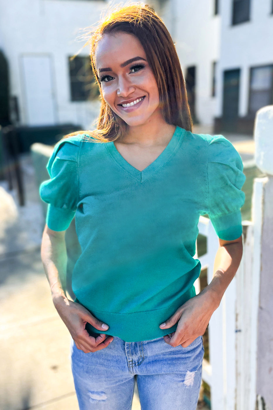 Be Bold Solid Emerald Shirred Puff Sleeve Sweater Top | Women's Fashion Knitwear | Perfect for Fall Outfits & Holiday Parties
