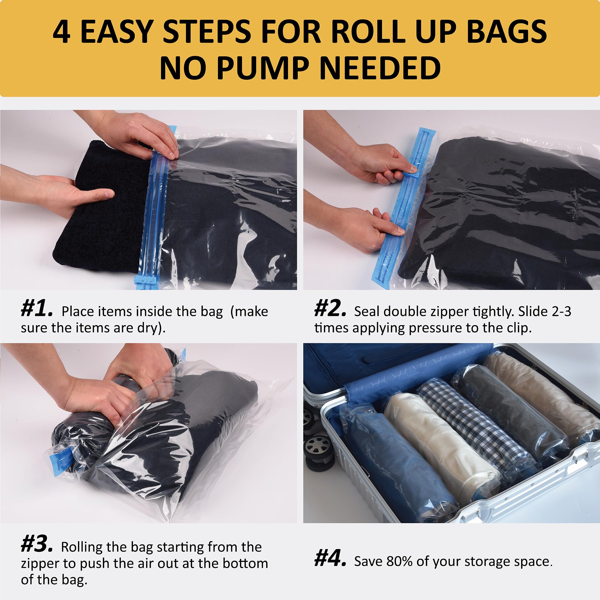 12 Pack Space Saver Compression Bags for Travel - No Vacuum Needed - Cruise & Vacation Packing Essentials | Perfect for Organizing Luggage, Clothes Storage & Maximizing Suitcase Space