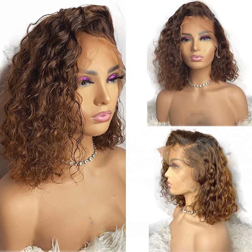 Ombre Brown Curly Brazilian Remy Human Hair Wig - Glueless HD Transparent 13×4 Lace Front Wig #4/30 - Preplucked Deep Part with Baby Hair for Black Women - 150% Density 10 Inch - Perfect for Daily Wear, Parties & Special Occasions