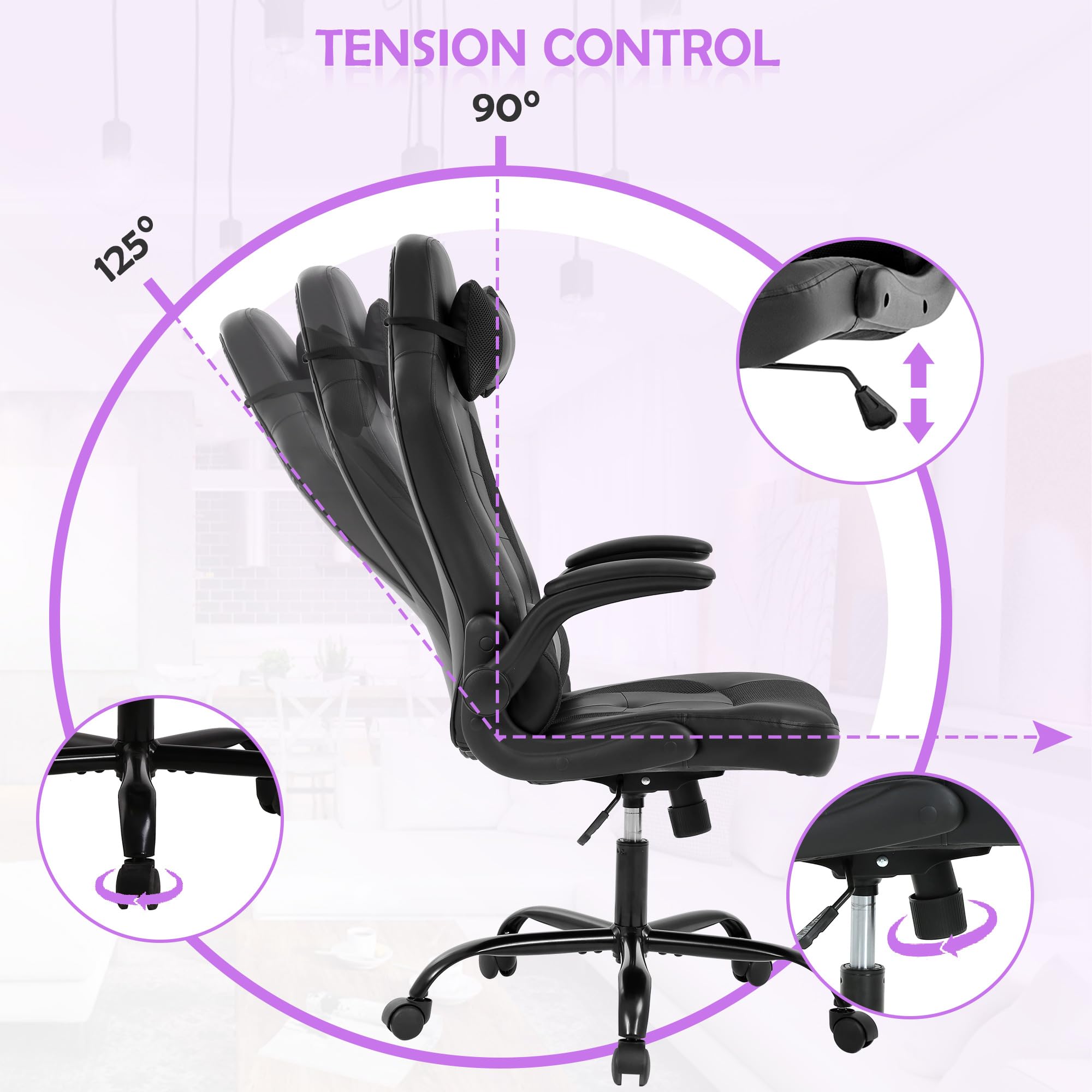 Premium Ergonomic Gaming Chair - High Back PU Leather Racing Style PC & Office Desk Chair with Adjustable Lumbar Support & Headrest - Comfortable for Adults & Teens - Perfect for Esports, Streaming & Home Office (Black)