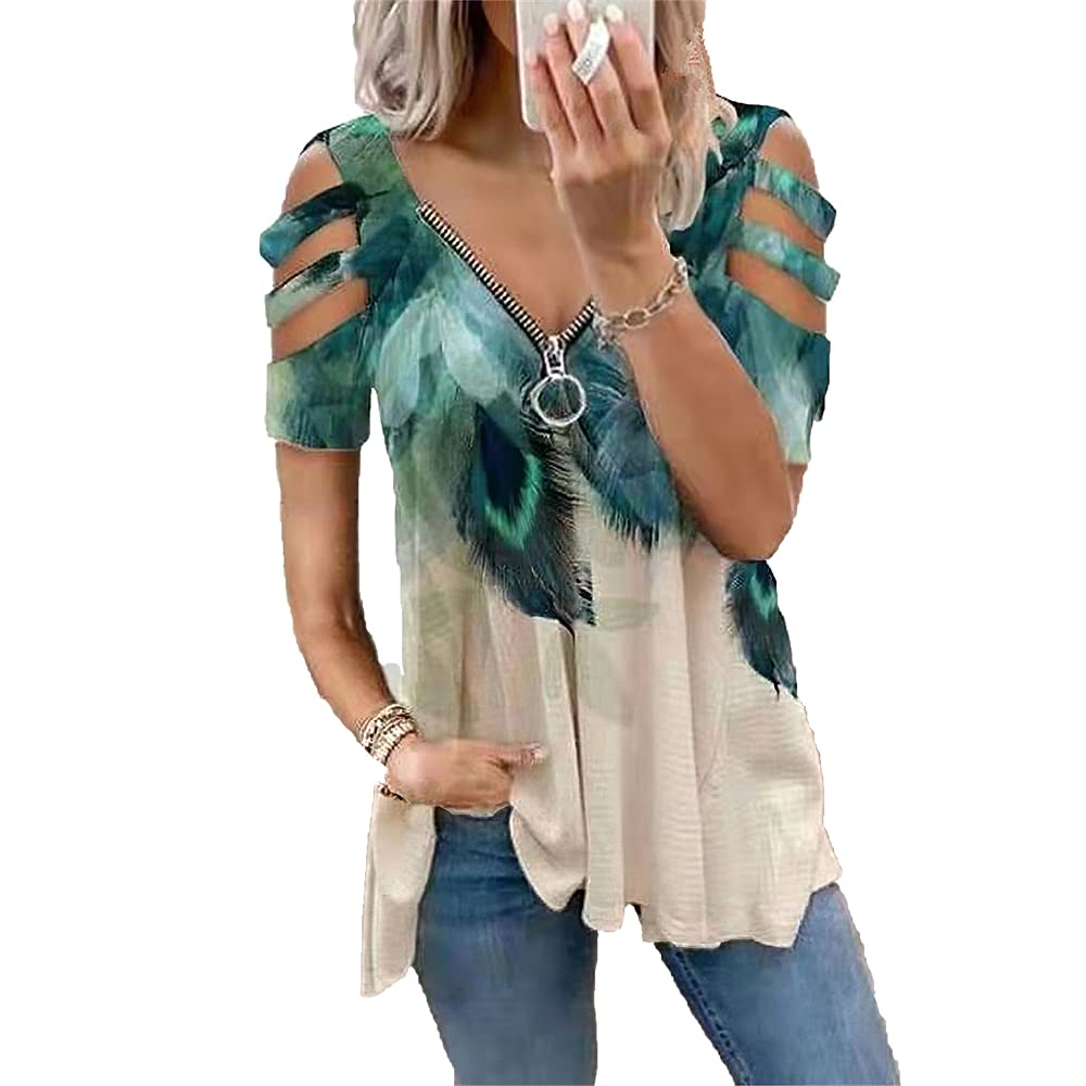 Sexy Women's Short Sleeve V-Neck T-Shirt with Feather Print & Zipper Detail - Summer Casual Blouse for Women | Perfect for Date Nights, Parties & Everyday Wear
