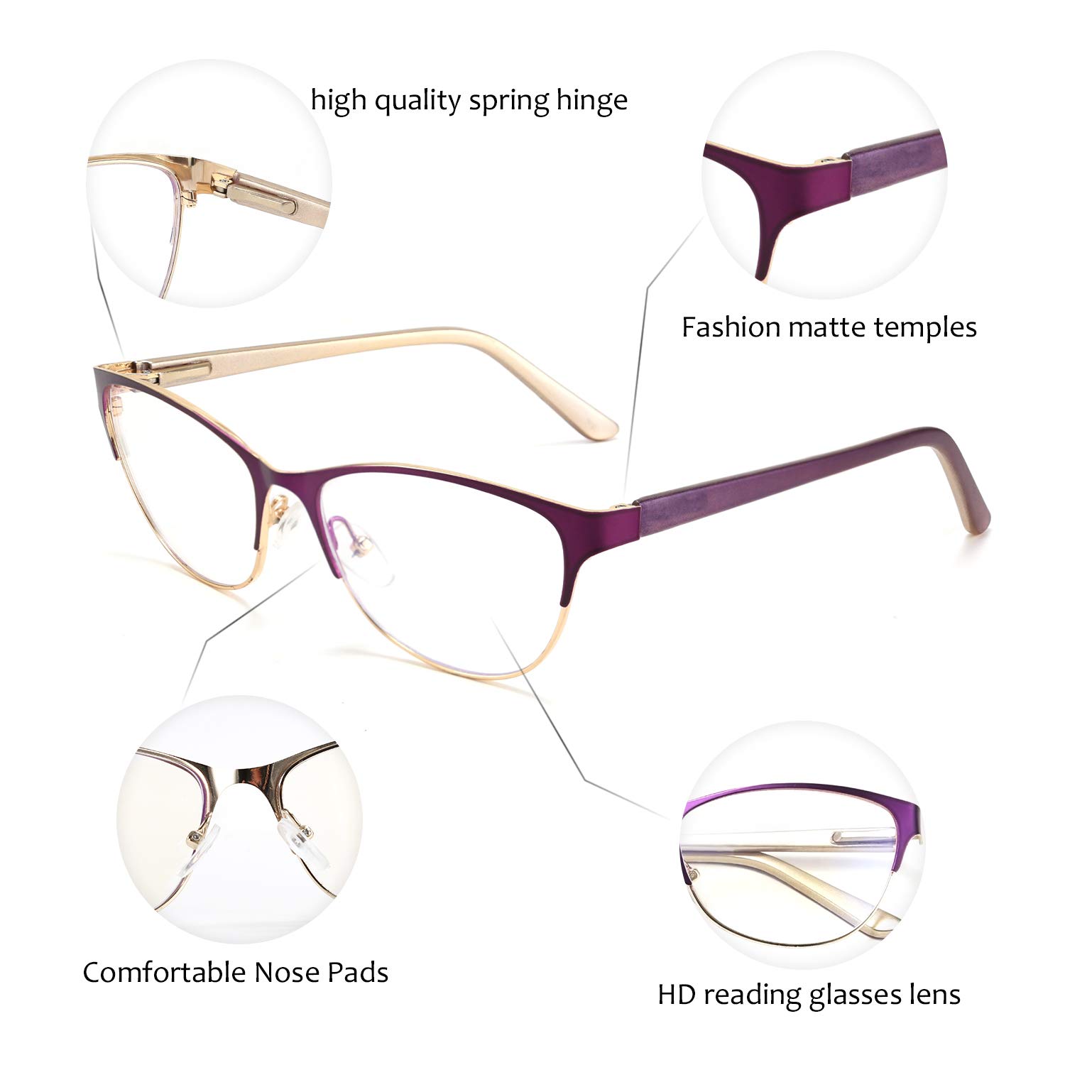 WANWAN Fashion Reading Glasses for Women & Men - Anti-Reflective Blue Light Blocking Computer Glasses with Spring Hinges - Perfect for Office Work, Screen Time & Reading Books